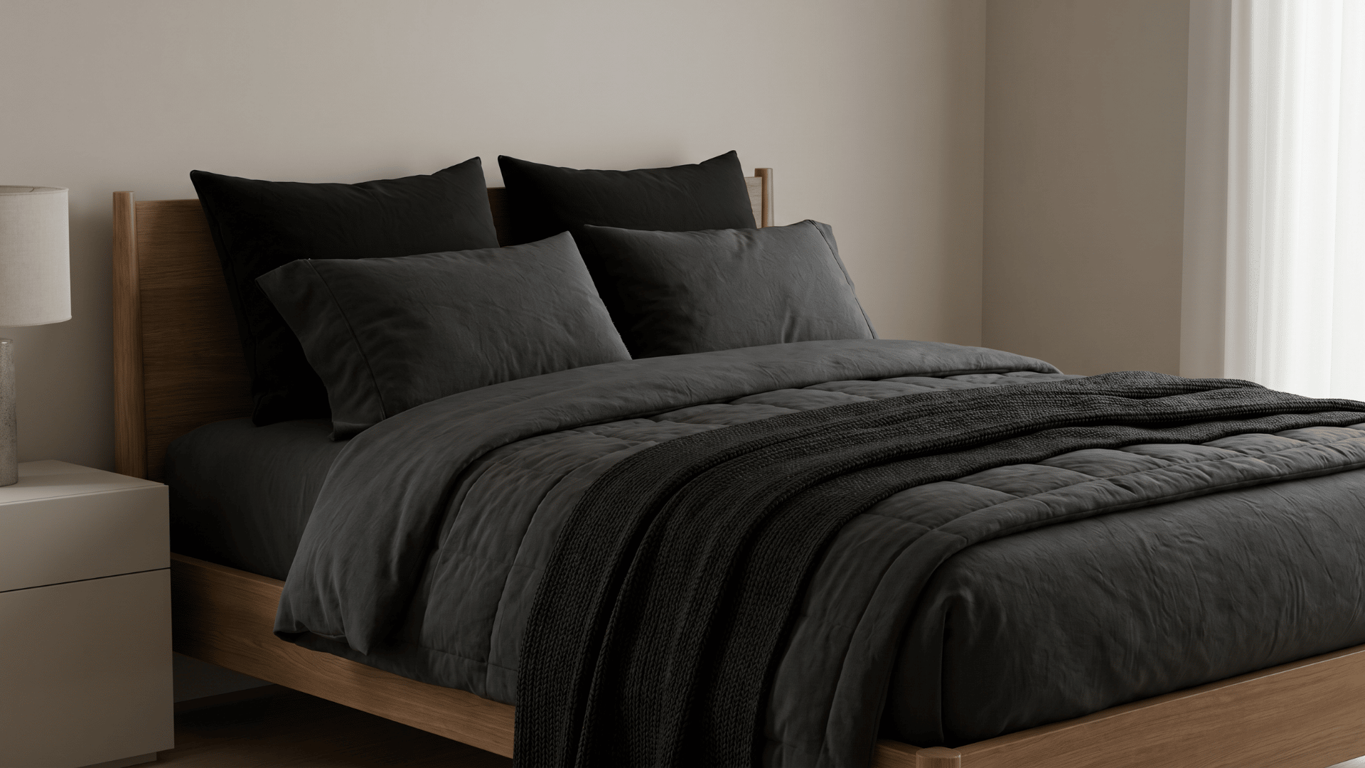 Bed with layered dark bedding, pillows, and a folded throw in a simple bedroom