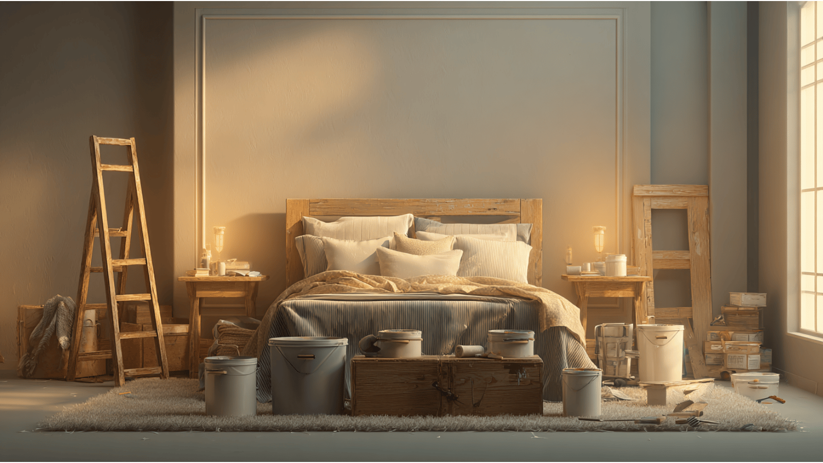Bedroom interior with painters working on walls using rollers, paint trays, and protective floor coverings indoors.