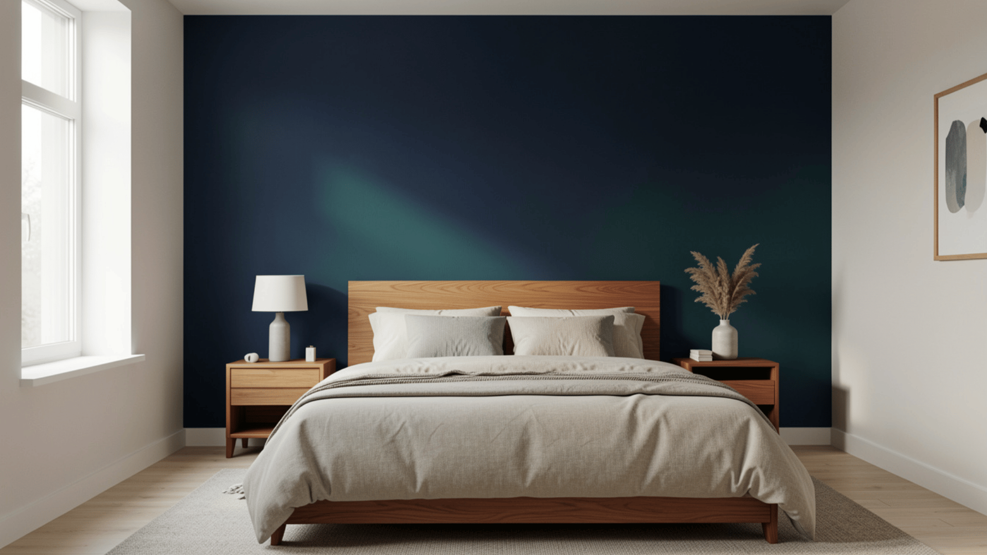 Bedroom with a dark navy accent wall, warm wood bed frame, neutral bedding, and soft natural light from nearby windows.