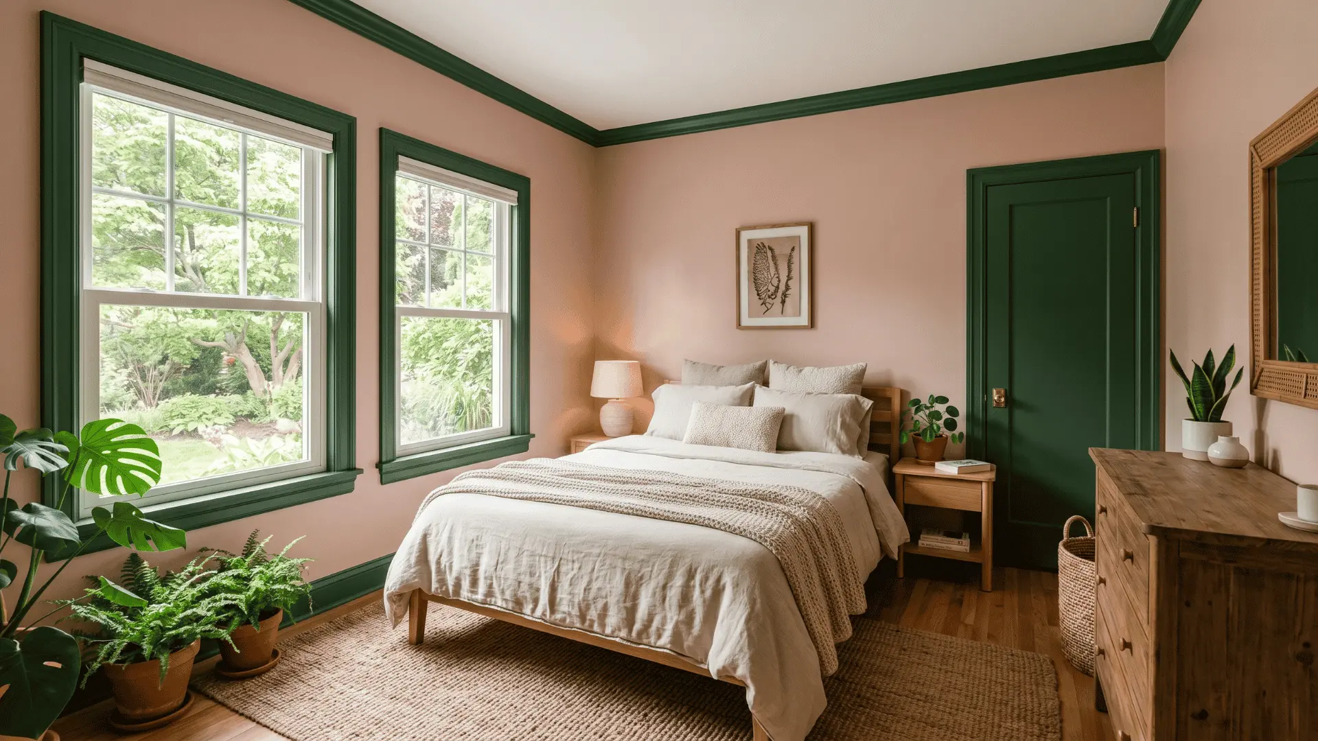 bedroom-with-dusty-pink-walls-forest-green-trim-wooden-furniture-and-soft-neutral-decor-accents