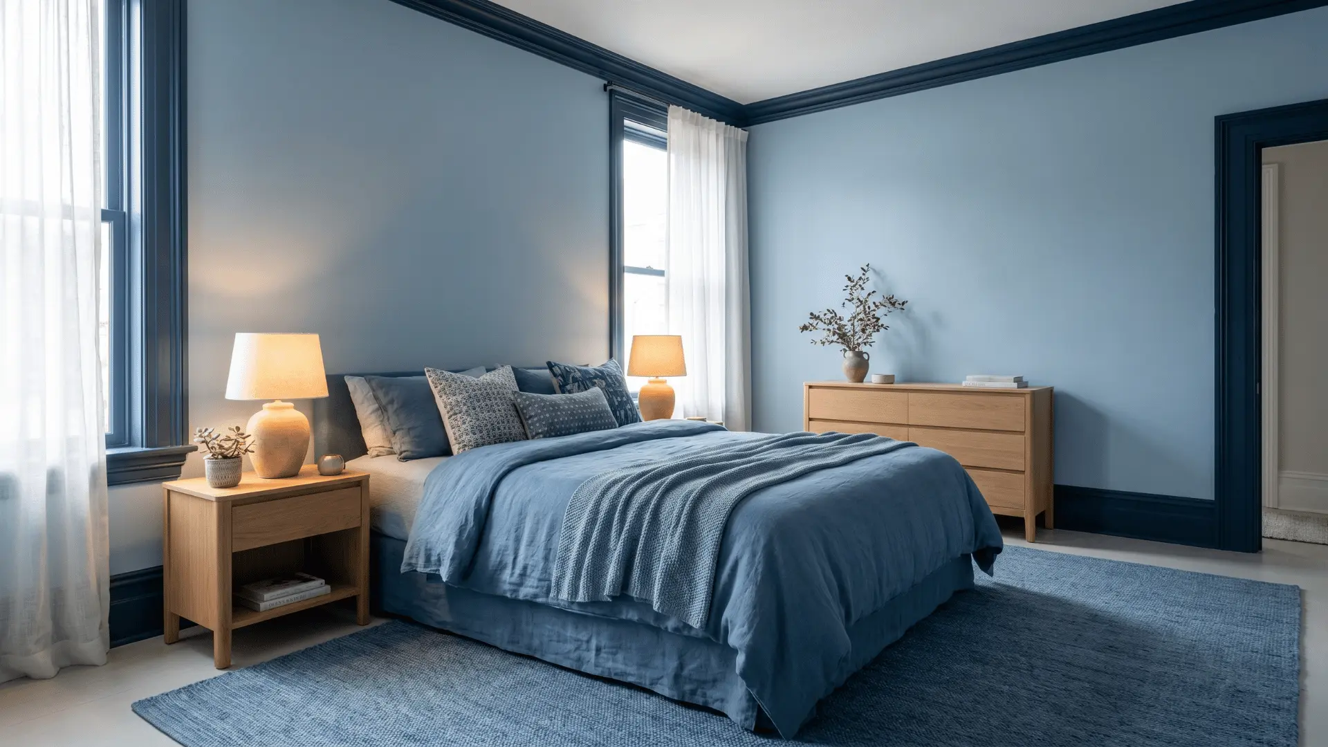 bedroom-with-soft-blue-walls-navy-trim-layered-blue-bedding-wooden-furniture-and-warm-bedside-lighting
