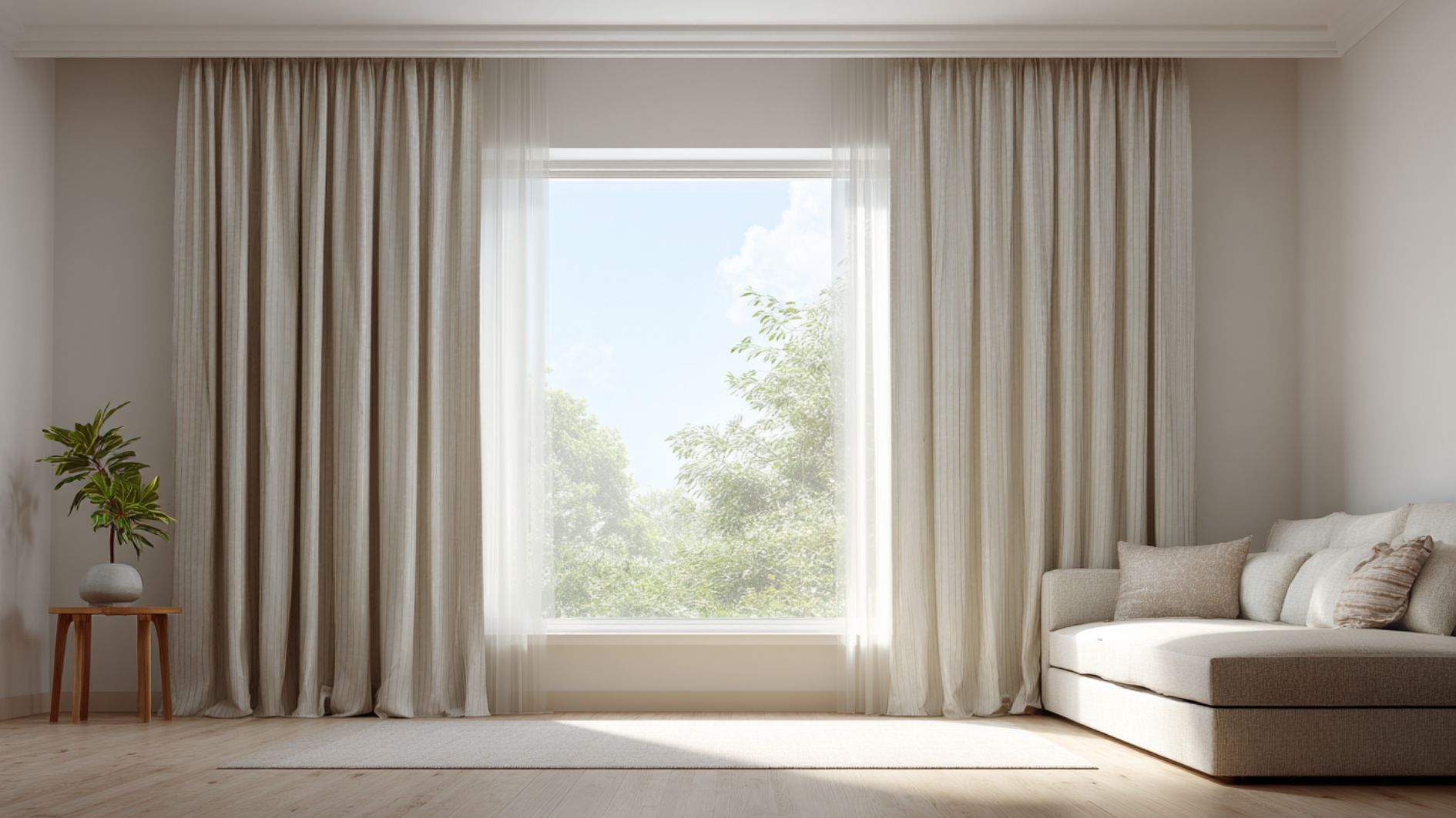 beige linen curtains with sheer white panels framing a large window beside a neutral sofa in a bright living room