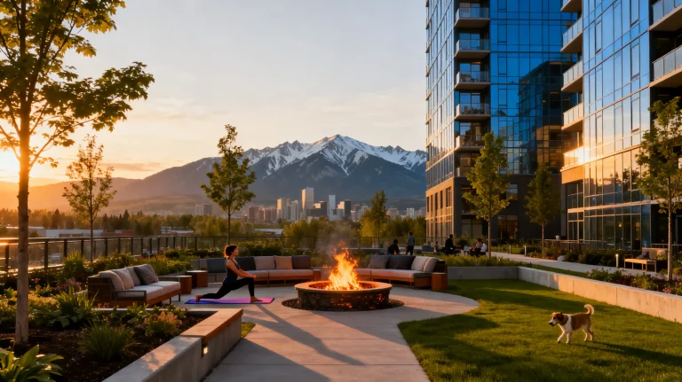 Person practicing yoga on modern rooftop terrace with fire pit and cityscape backdrop