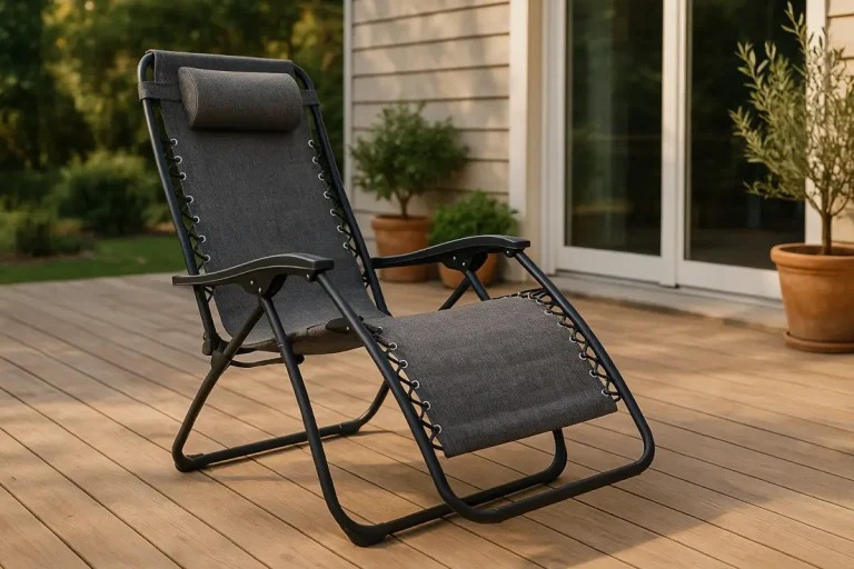 Outdoor reclining chair on wooden deck with potted plants and glass doors nearby