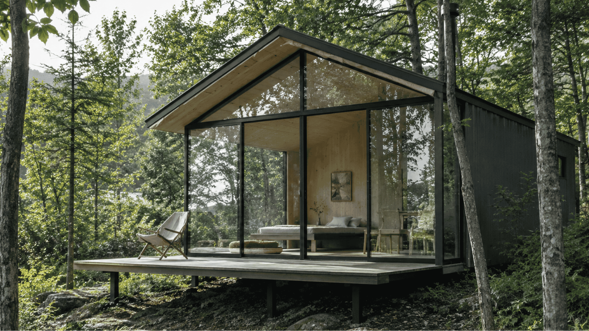 biophilic glass cabin surrounded by forest with large glass walls, open deck, natural wood details, and indoor-outdoor living spaces