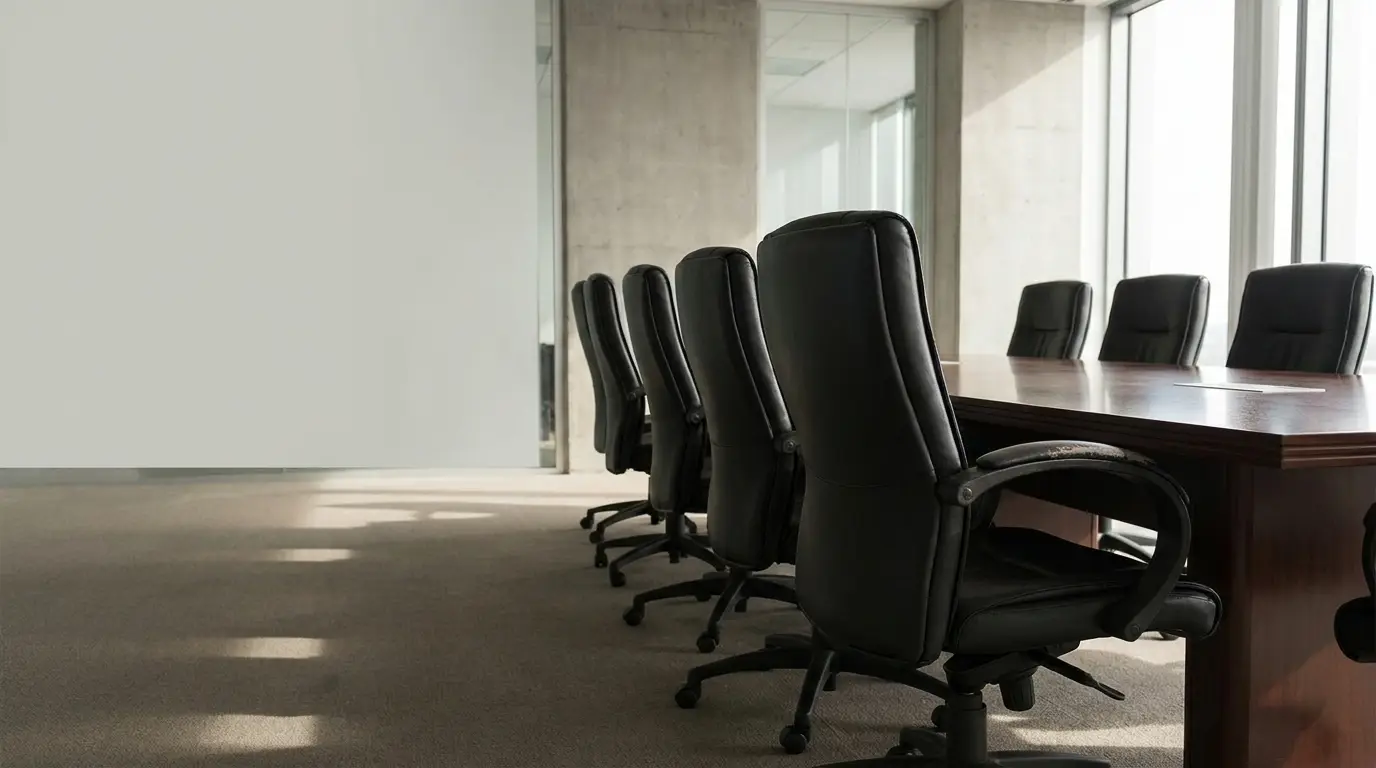 Spacious conference room with a long wooden table and black leather chairs in natural light
