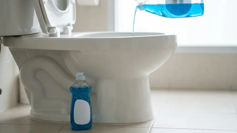 Blue liquid being poured into a toilet bowl with a bottle beside it in a clean bathroom.