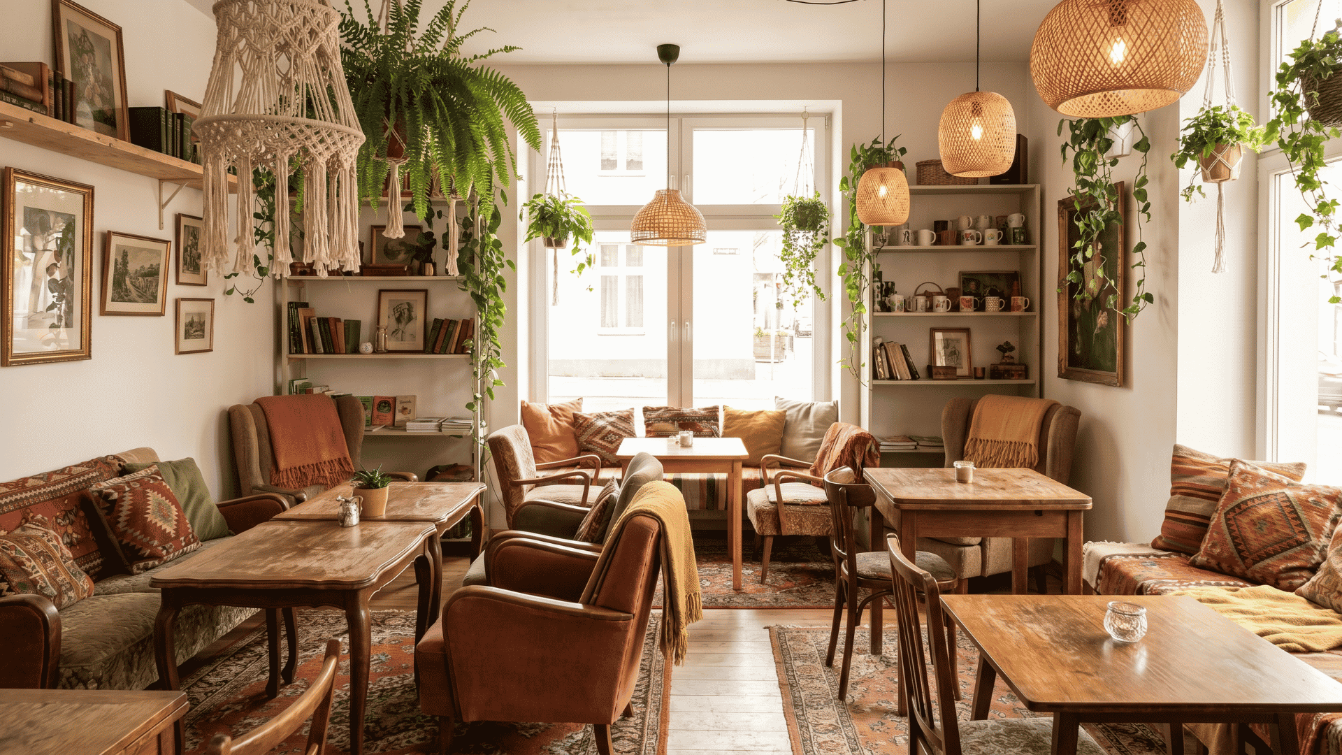 Bohemian cafe with vintage furniture, rugs, and hanging plants