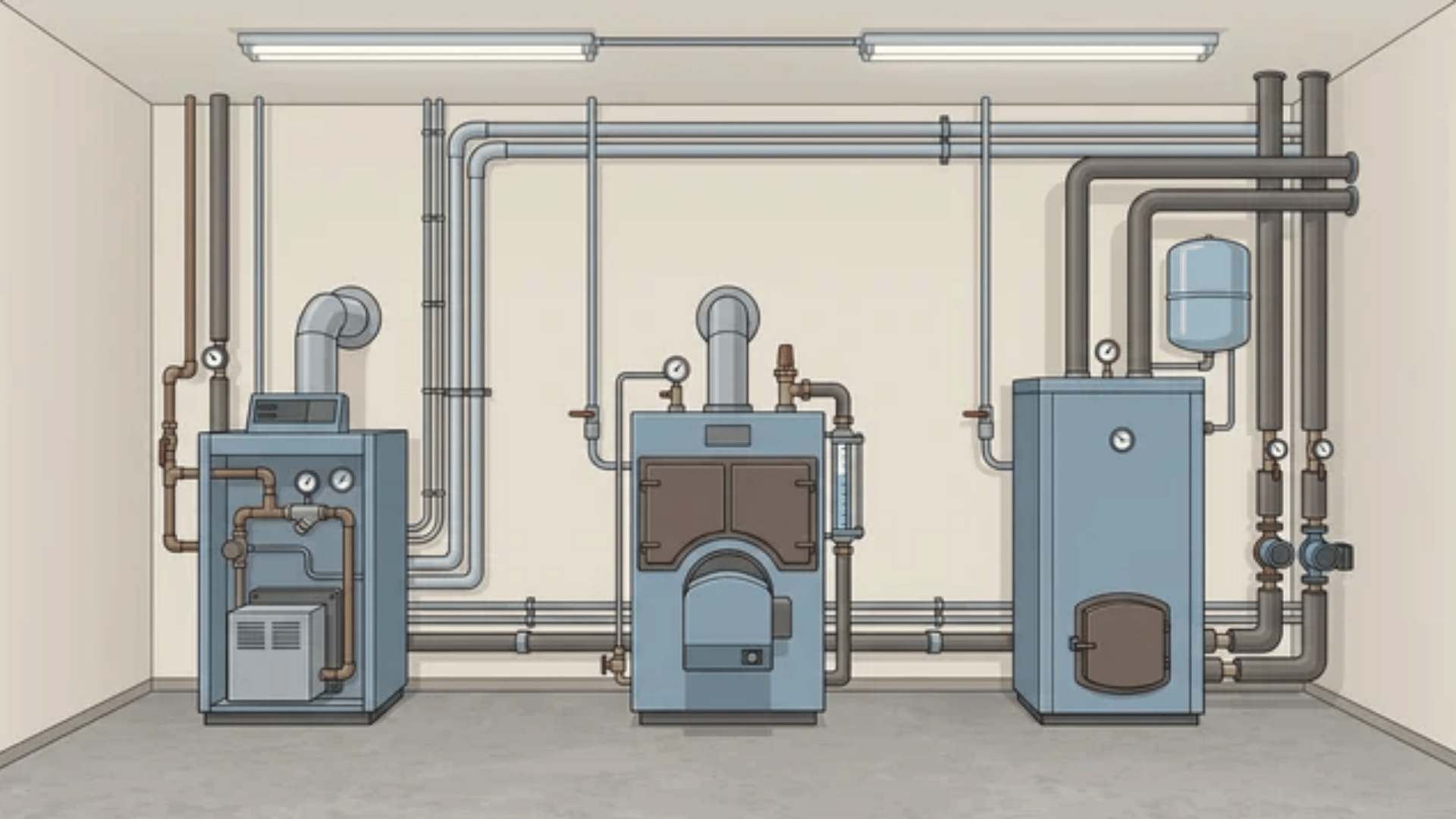 Three boiler types — gas, steam, and hot water — shown side by side for maintenance comparison.