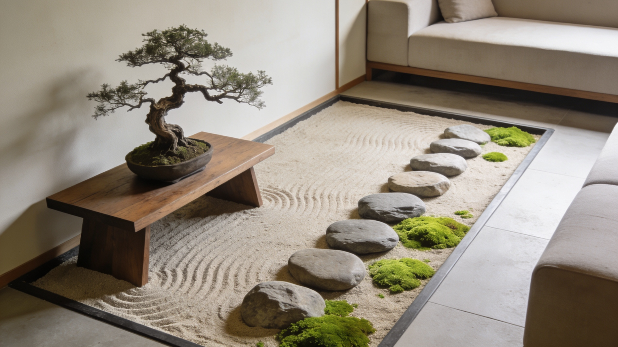 bonsai tree and zen garden in a minimalist japanese interior