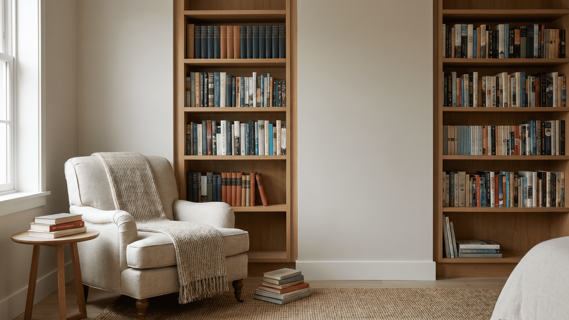 Bookshelves and stacked books arranged in a simple bedroom corner