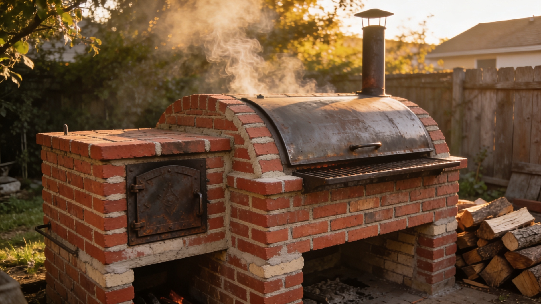 brick bbq smokehouse pit with a separate firebox and cooking chamber with smoke rising
