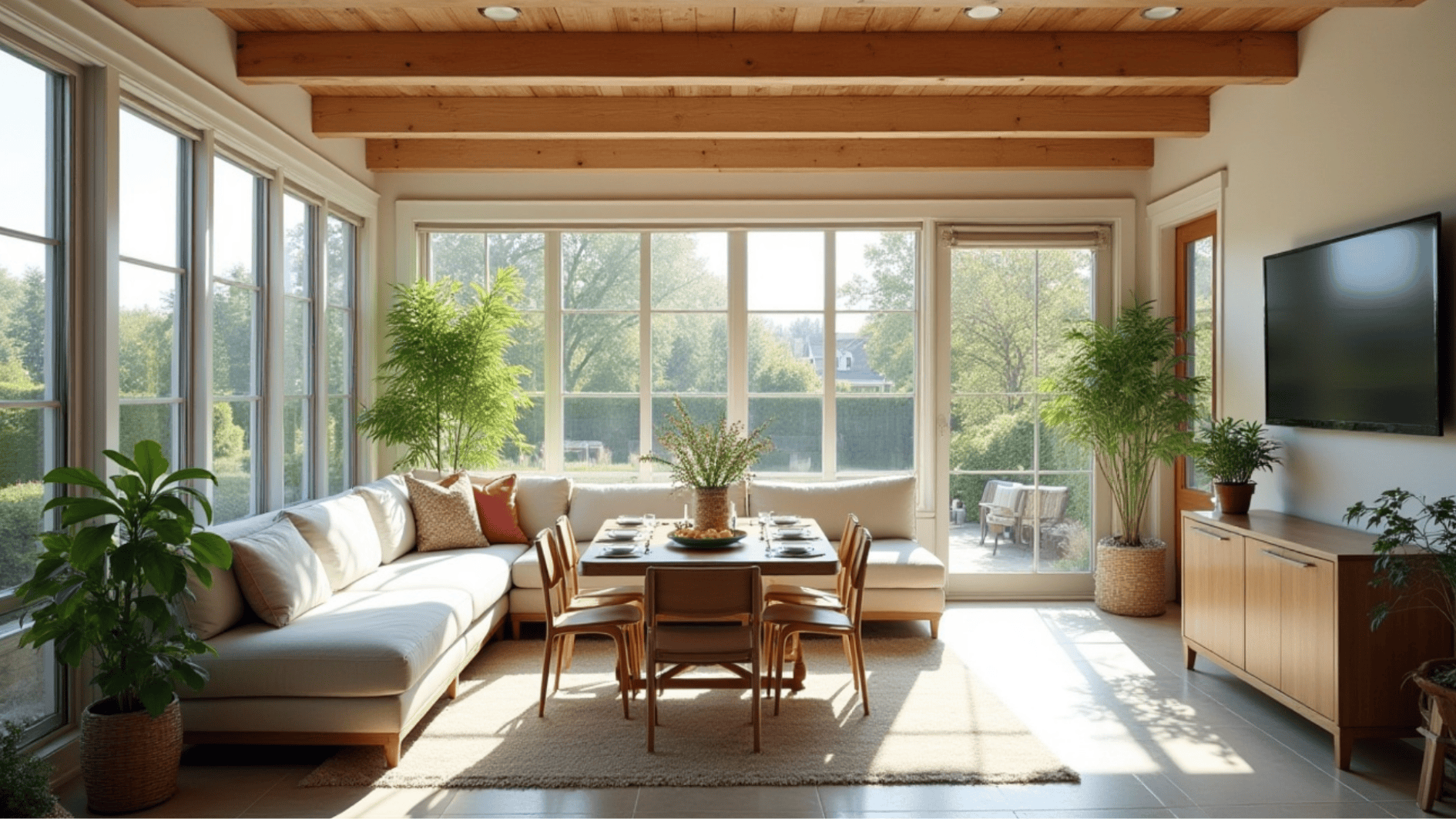 bright sunroom with wooden beams, large windows, cozy seating, plants, and natural light creating a warm indoor-outdoor feel