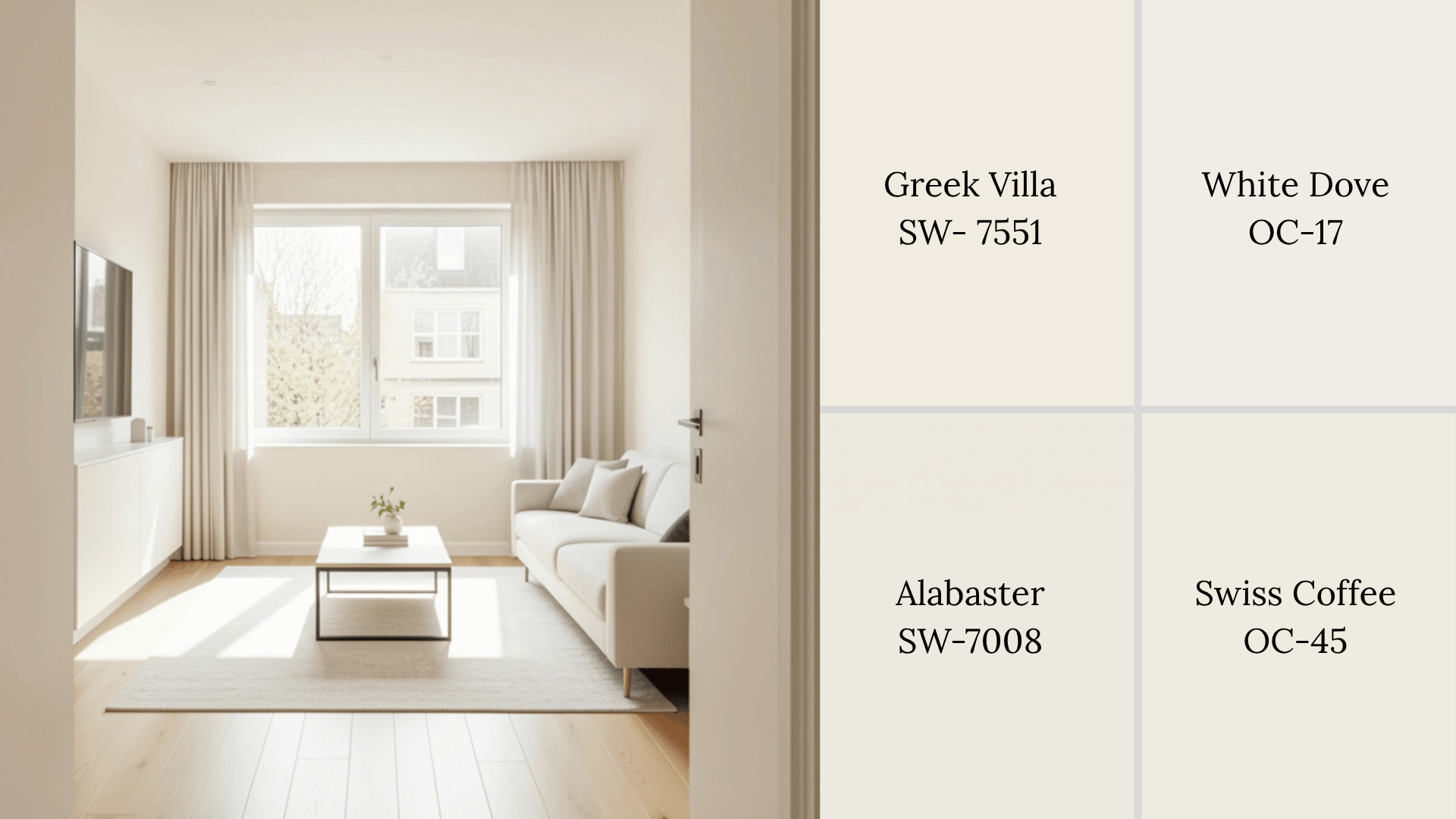 Bright white colors make a room look bigger, seen in a living room next to Greek Villa and Alabaster paint swatches.