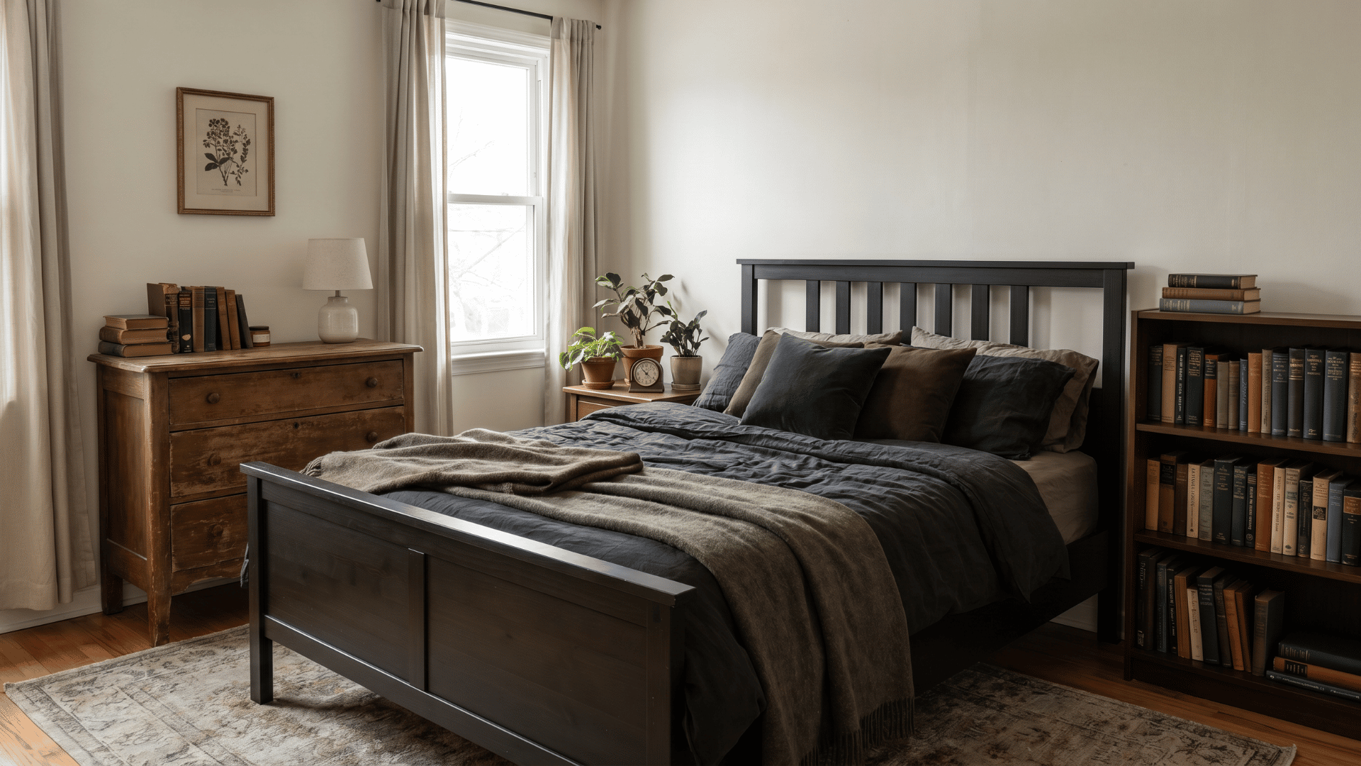 Budget <echighlighted>dark academia bedroom</echighlighted> with dark bedding, wood furniture, books, and simple decor