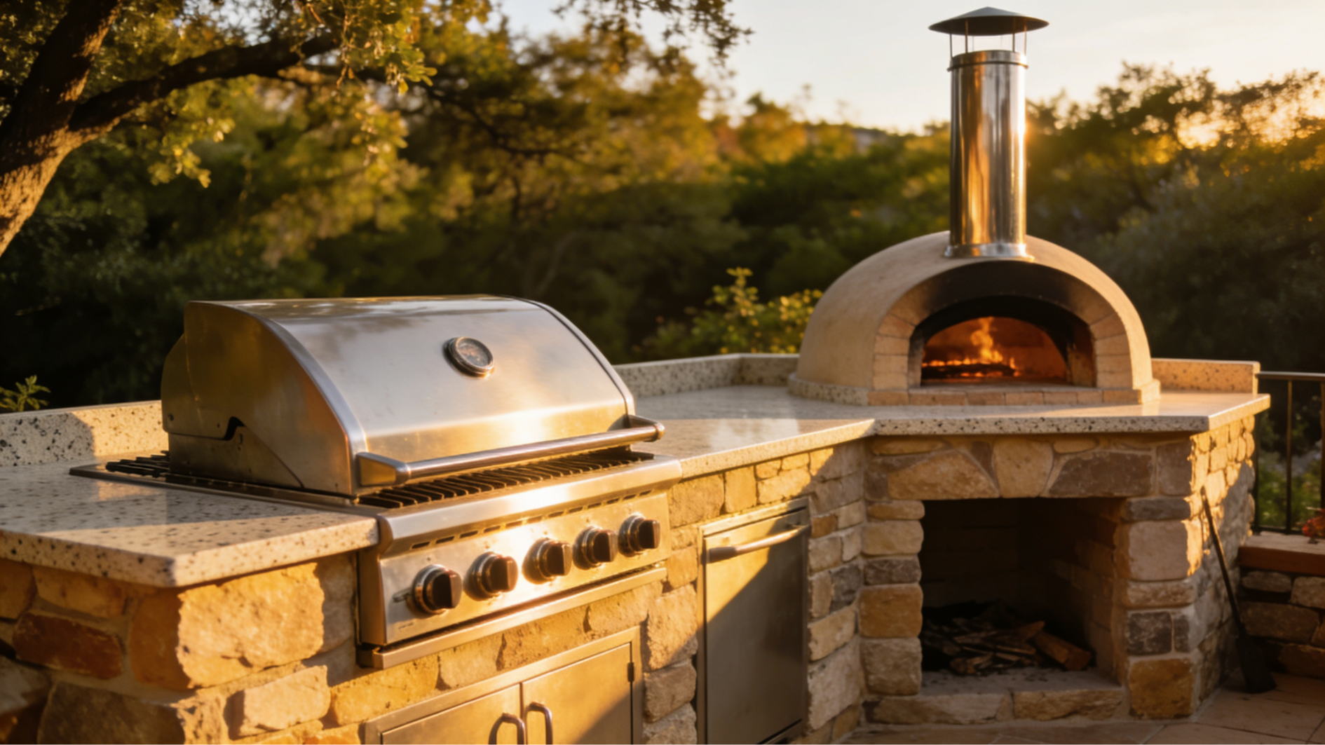 built in wood fired pizza oven and gas grill side by side with natural stone veneer finish