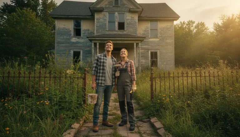 Two people standing in front of an old, weathered house with overgrown yard
