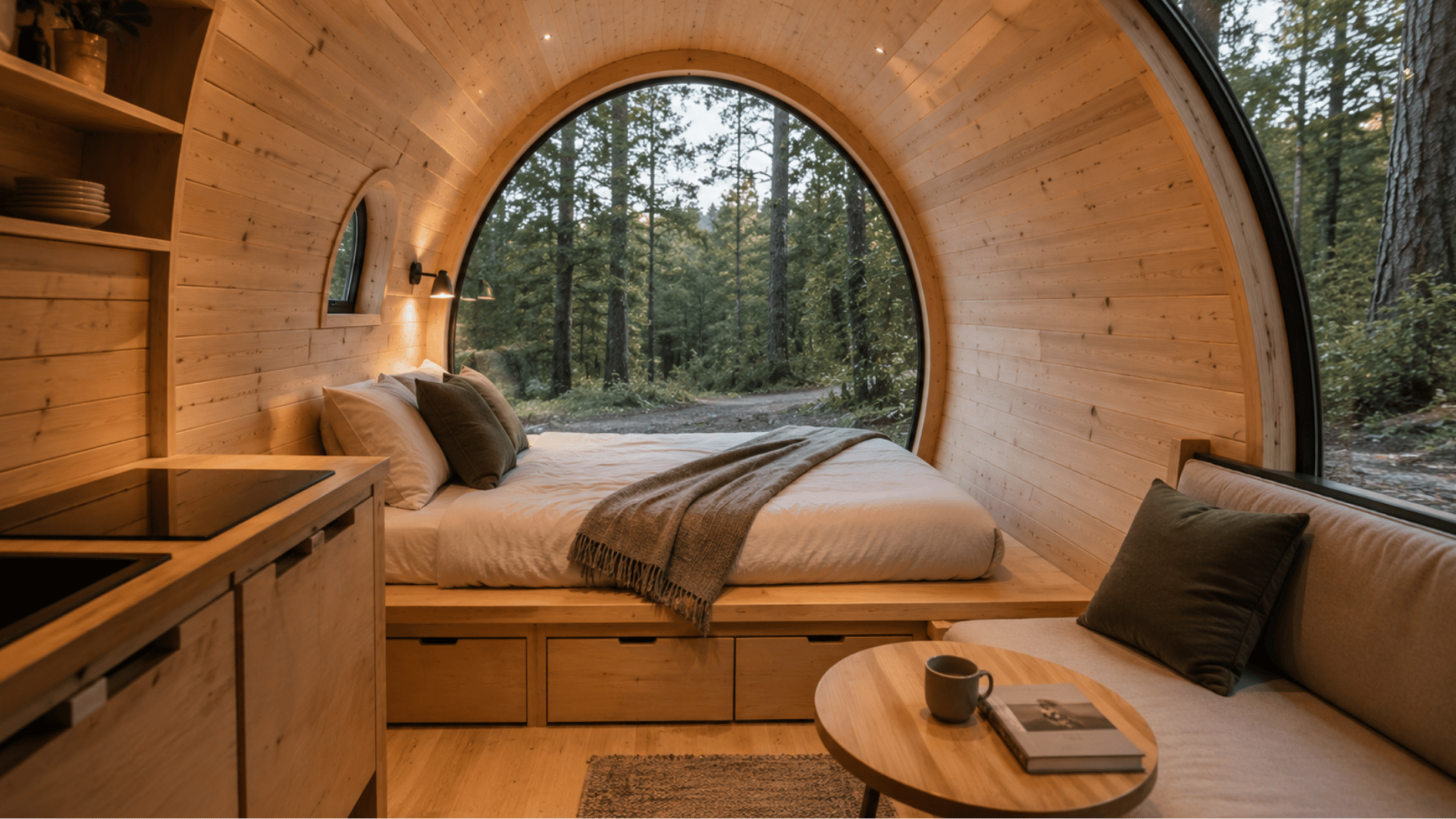 cabin pod interior with curved wood walls, compact furniture, large window, and soft warm lighting.