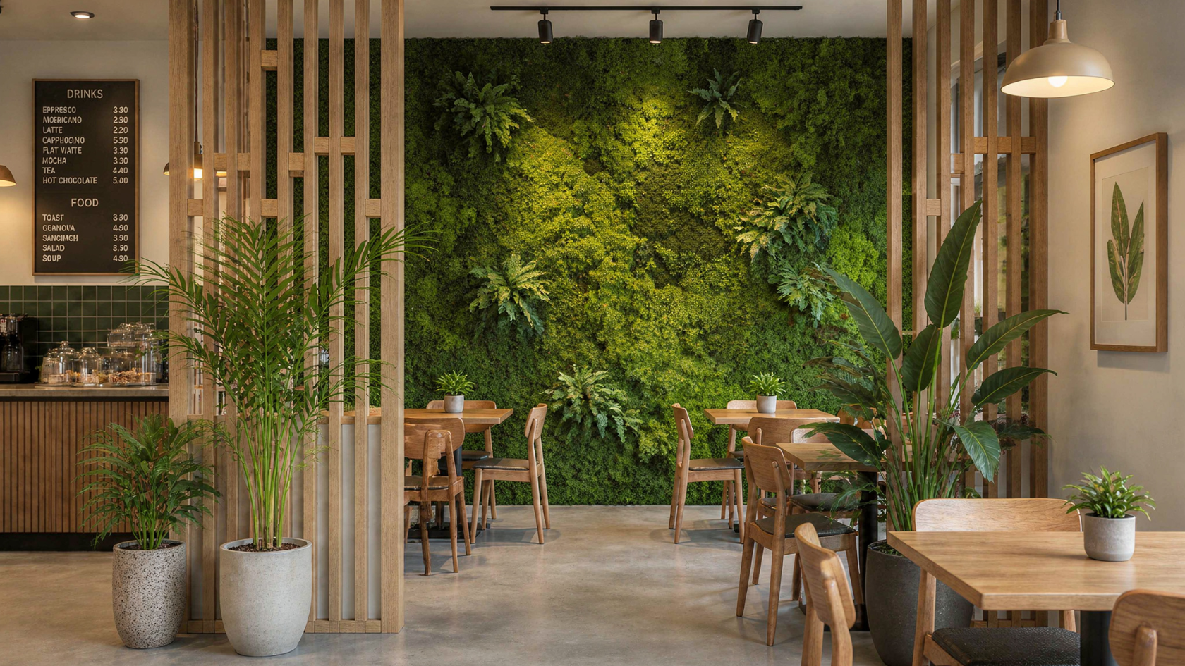 Café interior with a moss wall, timber screen dividers, and potted plants beside wooden tables and chairs.