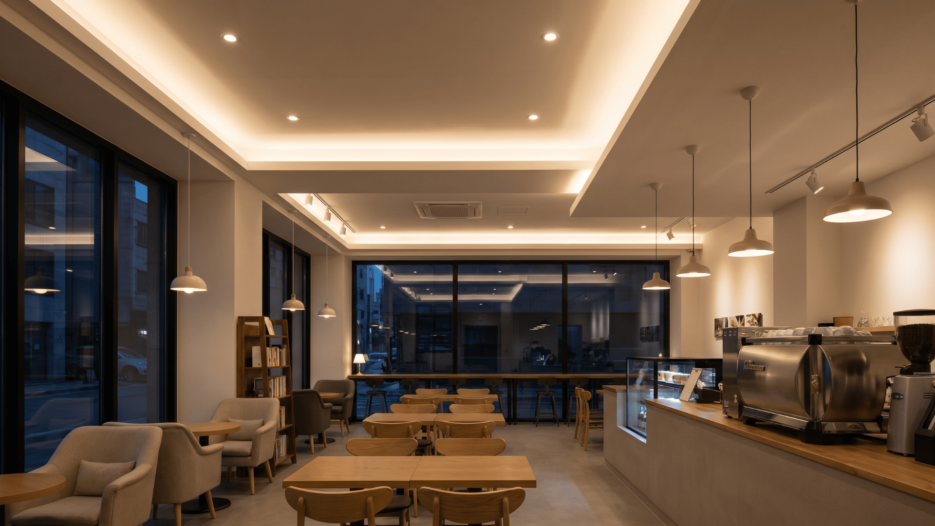 Cafe interior with soft adjustable lighting across seating and counter areas