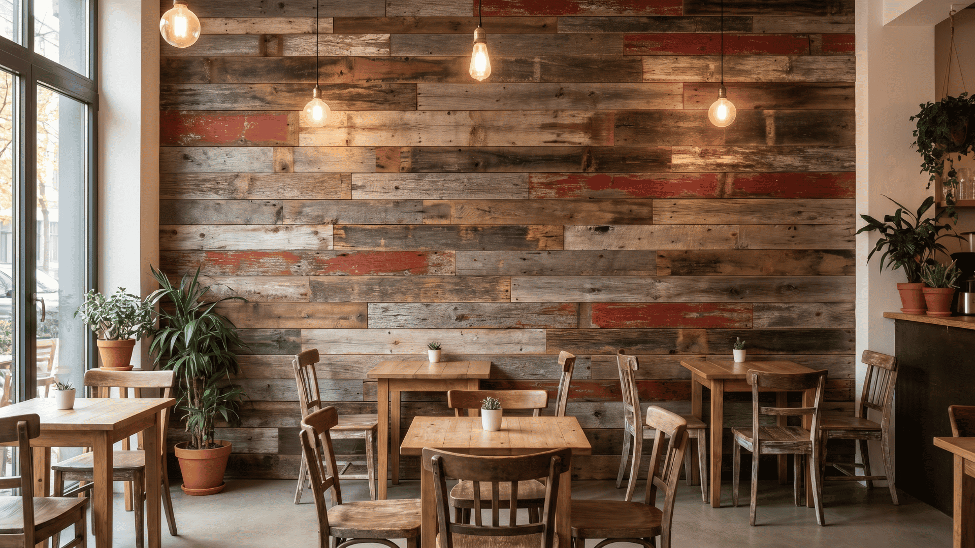 Cafe seating area with a reclaimed wood wall behind tables and chairs