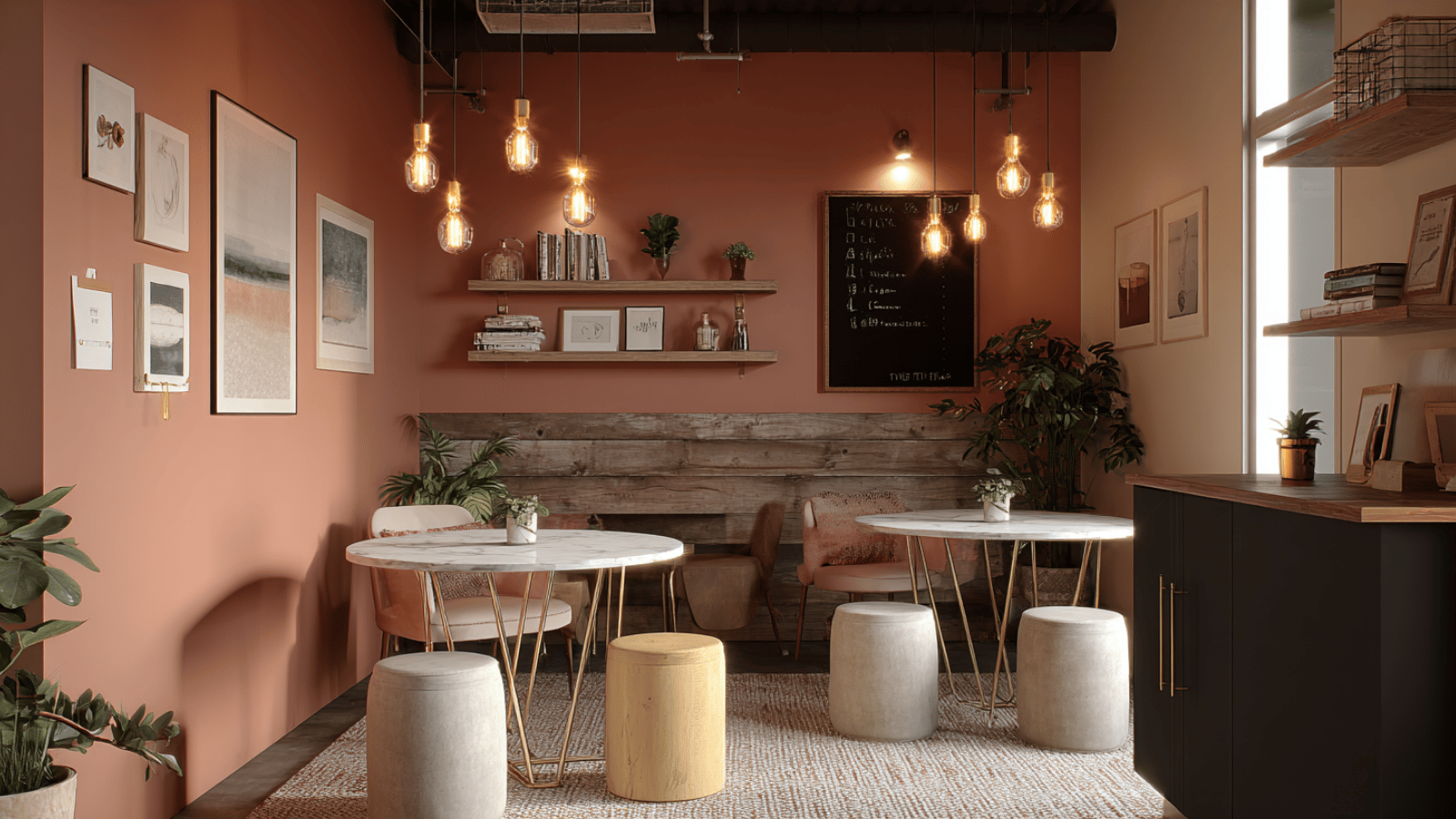 Cafe-style office corner with cozy seating.