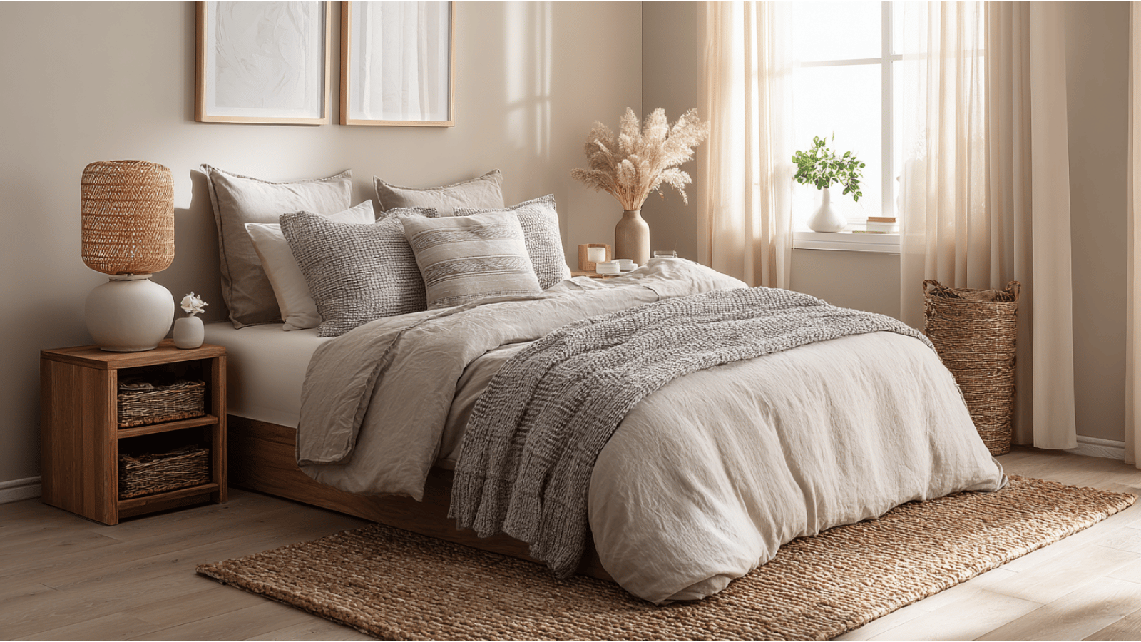Calm bedroom with Accessible Beige walls, soft bedding, woven textures, and warm lighting