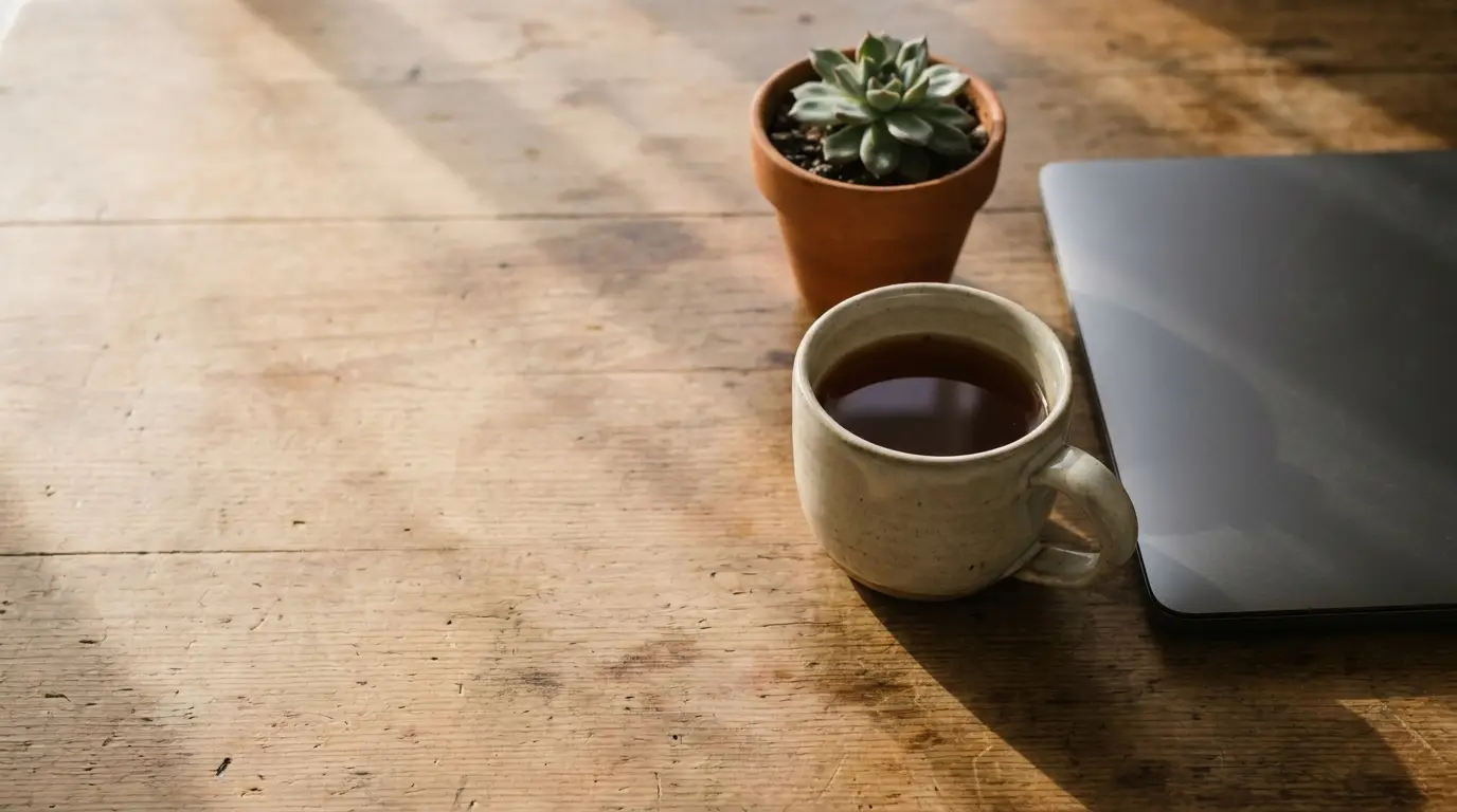 Ceramic mug of tea and potted succulent on wooden desk with laptop nearby