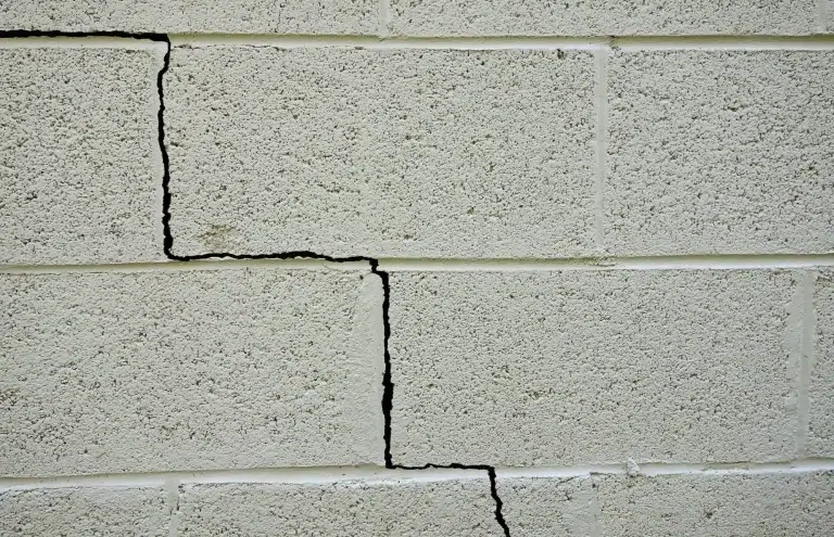 Cracked concrete block wall with visible splits and rough texture
