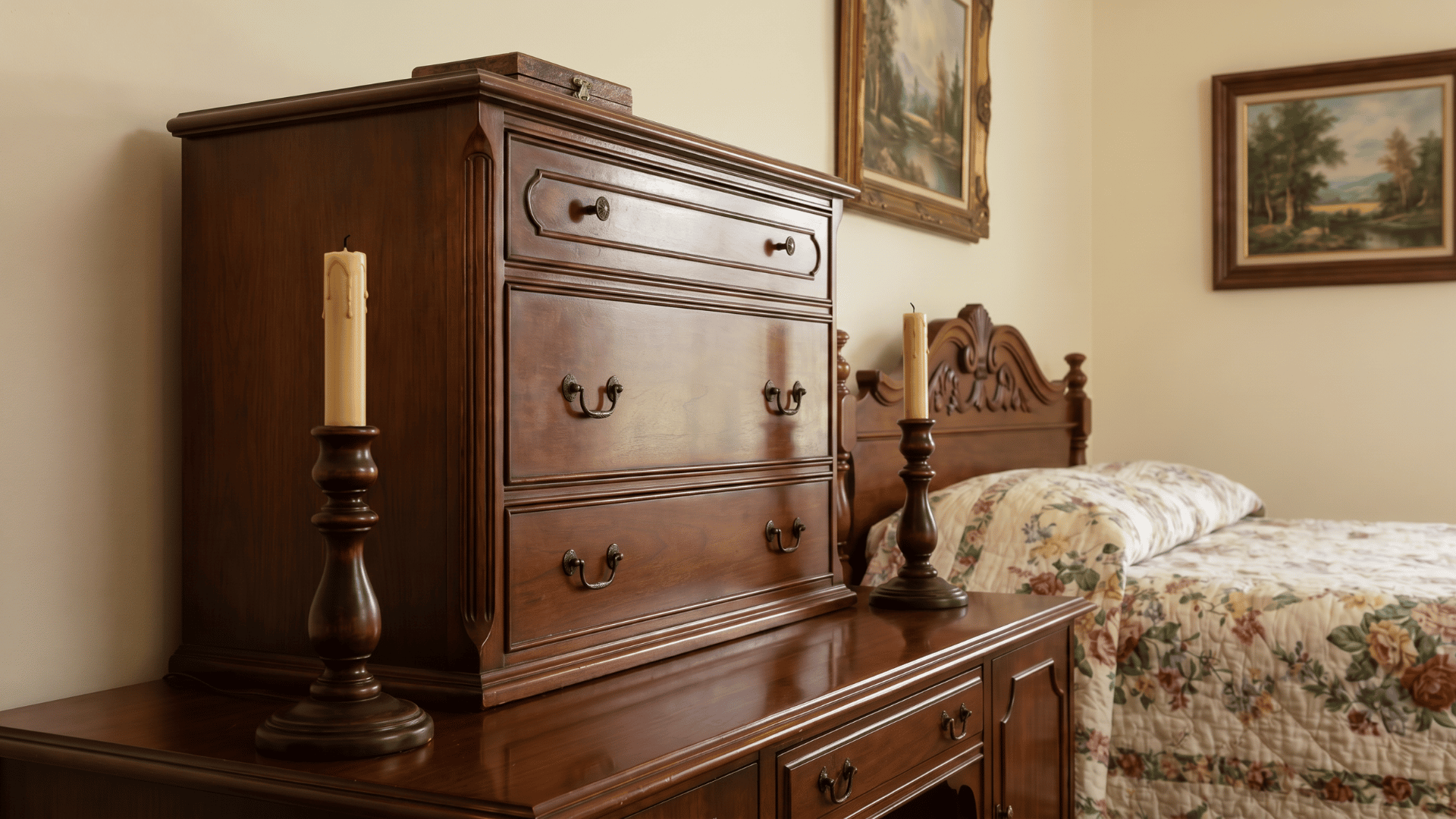 Candle-inspired lighting fixtures with warm bulbs in a traditional bedroom