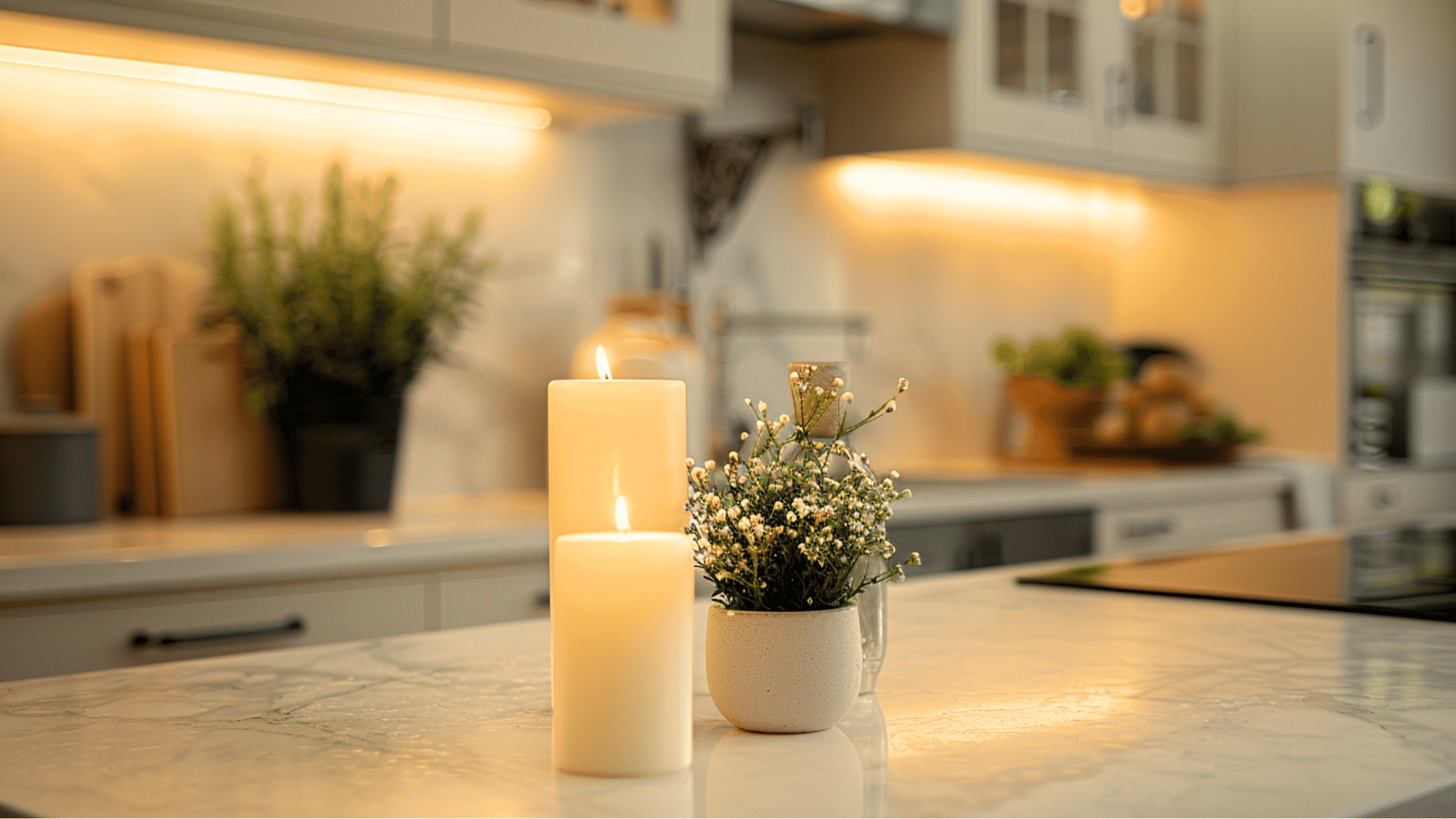 candle on a kitchen counter