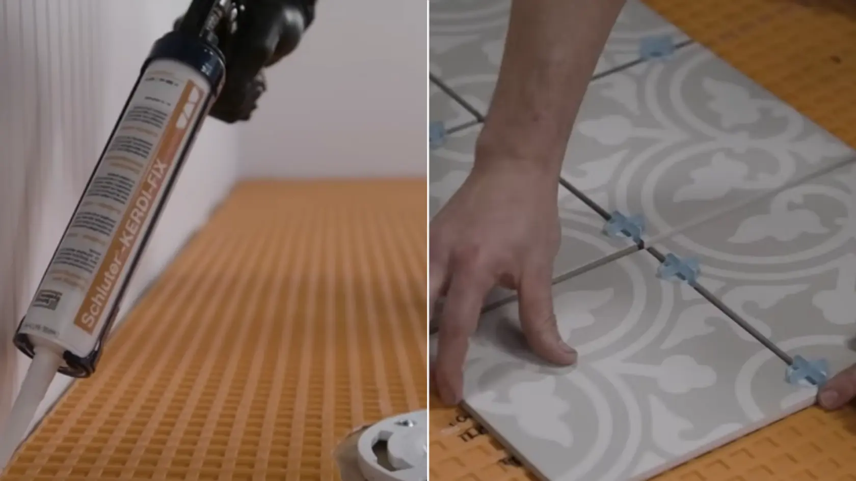Caulk being applied along floor edge on uncoupling membrane, with hand placing patterned tile using spacers on the right side
