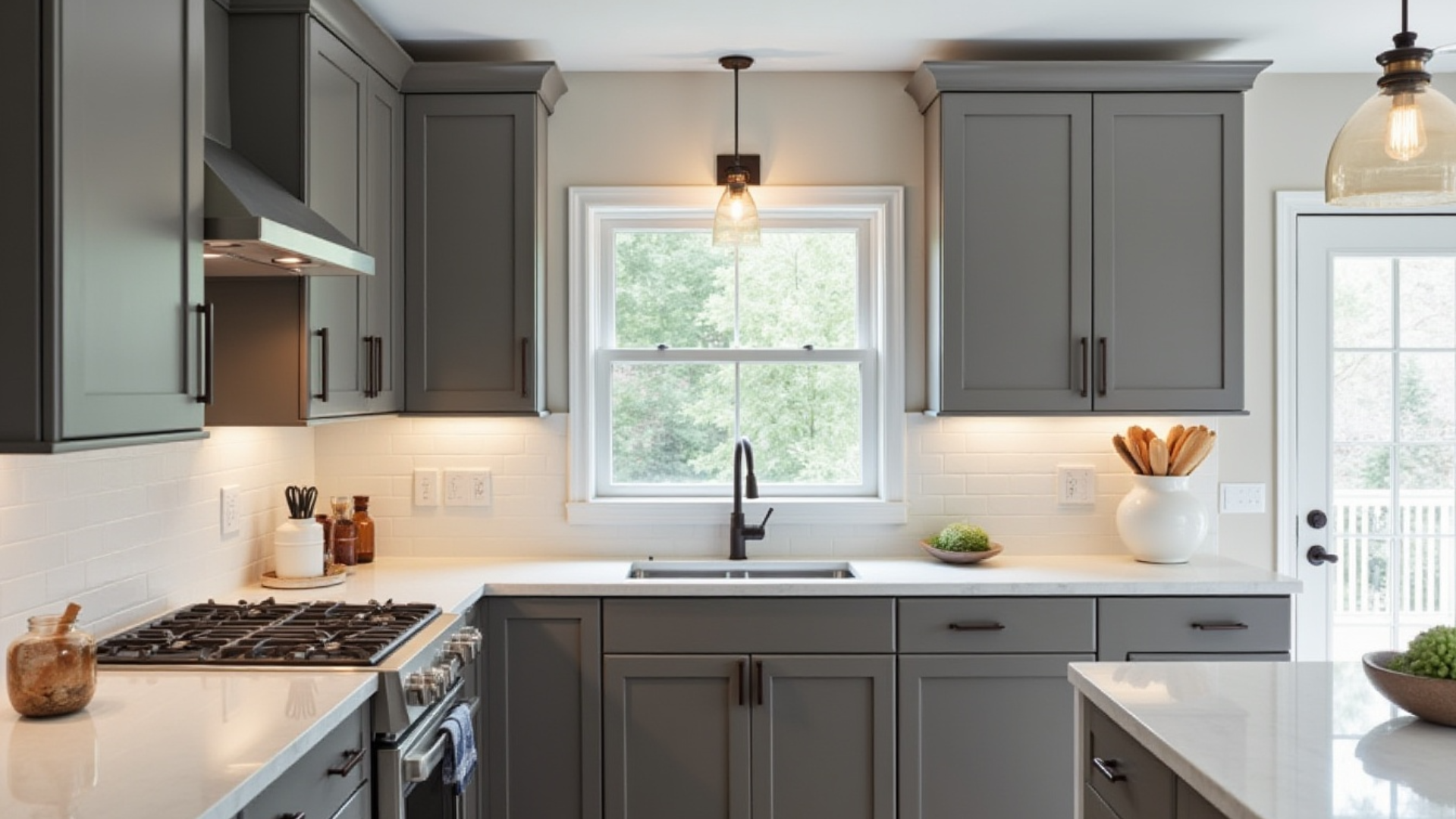 charcoal gray dark cabinets with cloud white countertops and bronze accents in a modern kitchen
