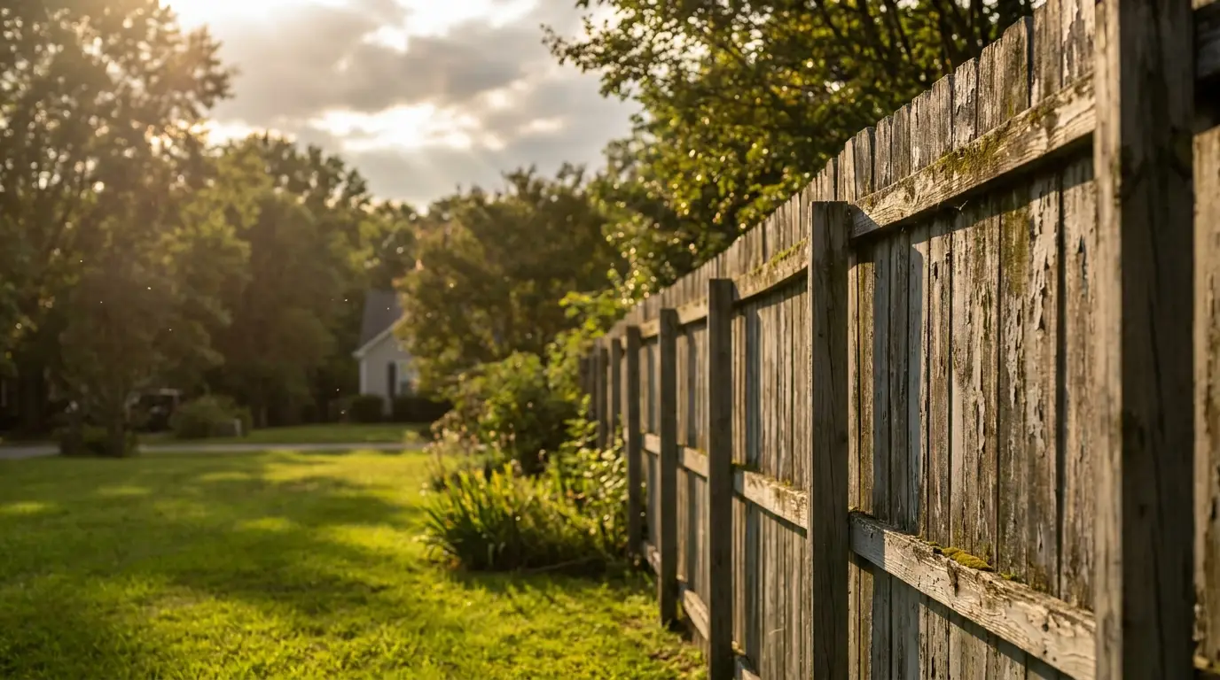 Rustic wooden fence alongside green lawn under soft sunlight in a suburban backyard setting