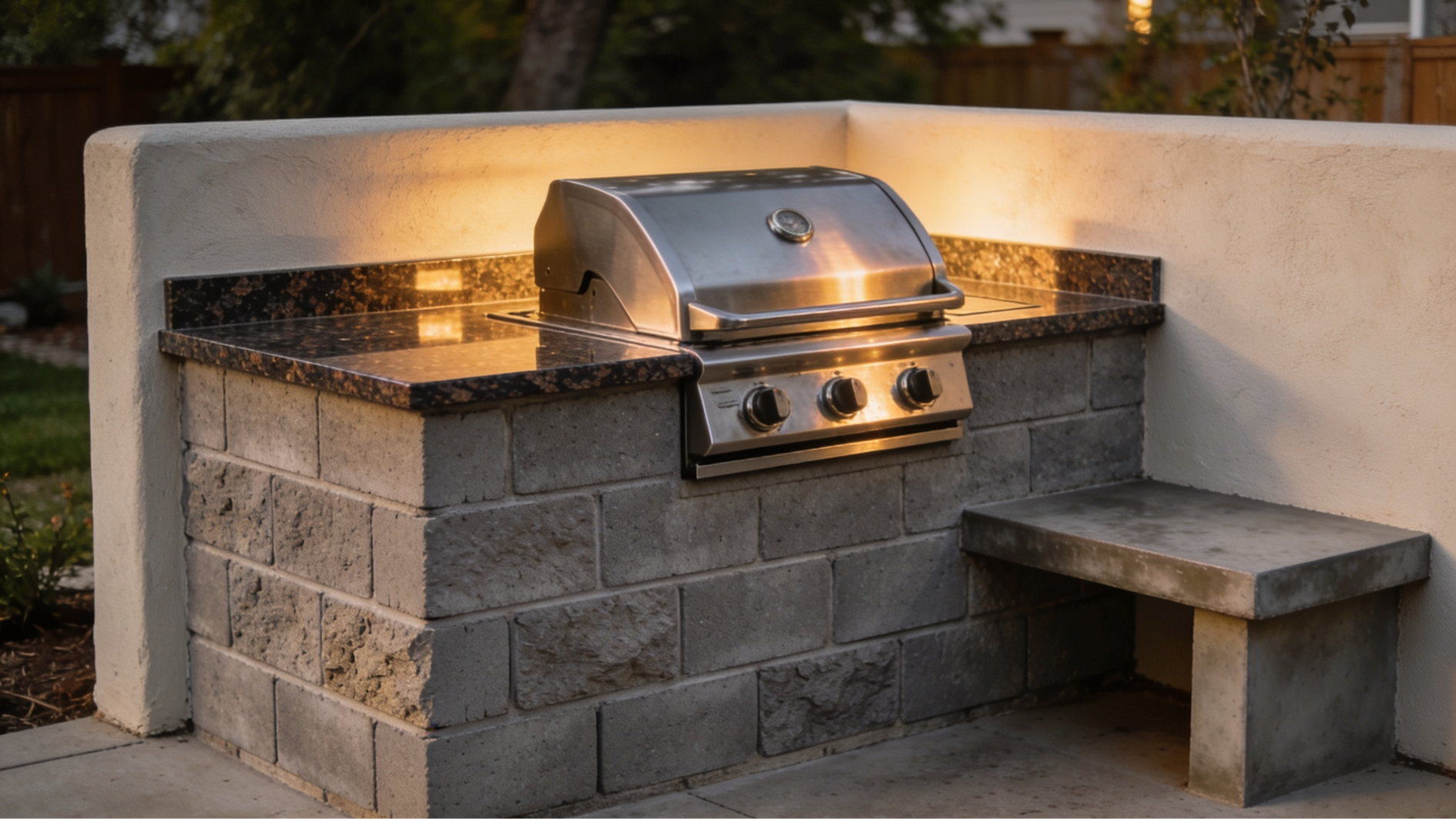 cinder block outdoor grill station with stucco finish and granite countertop in a backyard