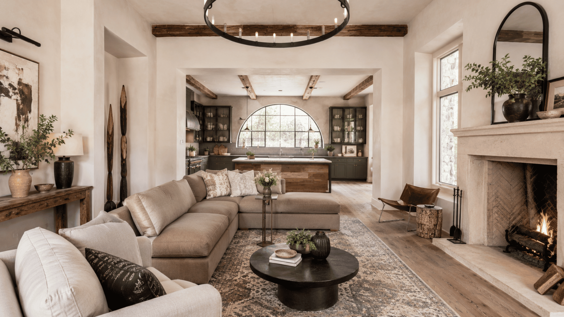 classic ranch-style house interior with open living room, stone fireplace, exposed beams, and large windows. (1)