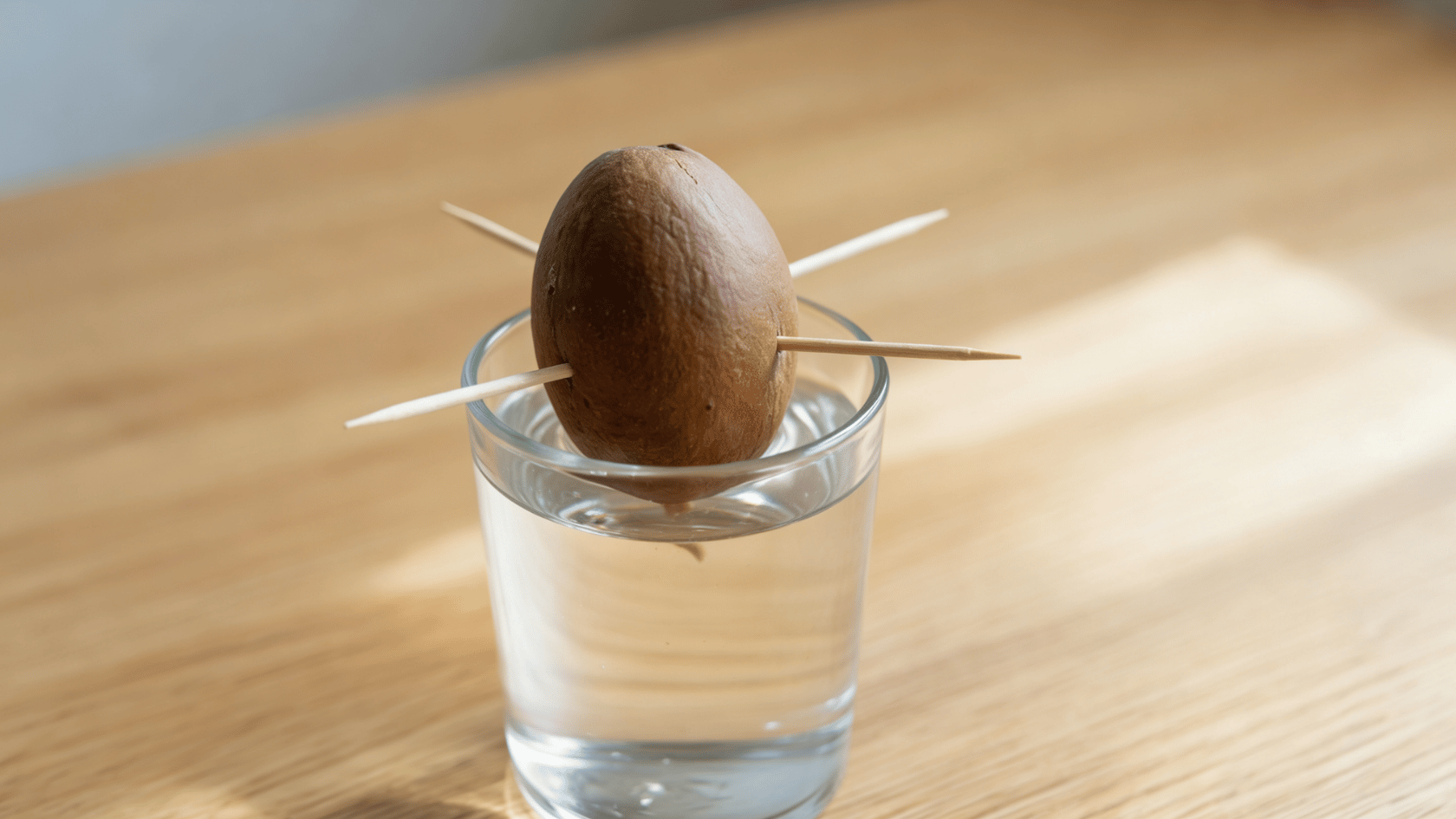 Clean avocado pit beside water glass, toothpicks, and small pot for sprouting setup
