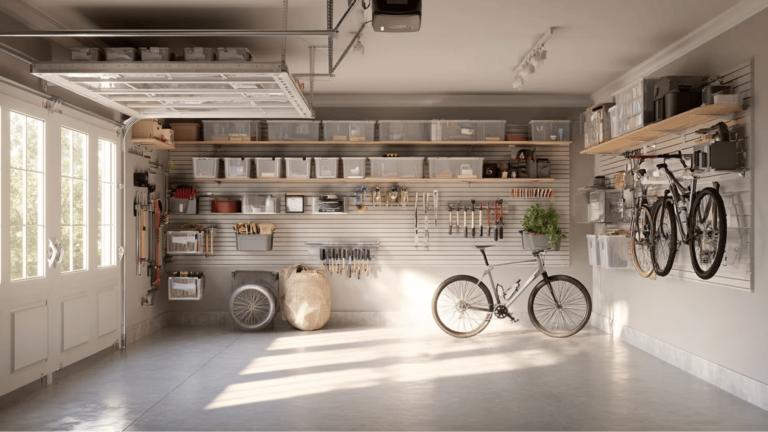 clean organized american garage with wall mounted shelves labeled bins pegboard tools bike brackets and overhead ceiling storage with clear floor space
