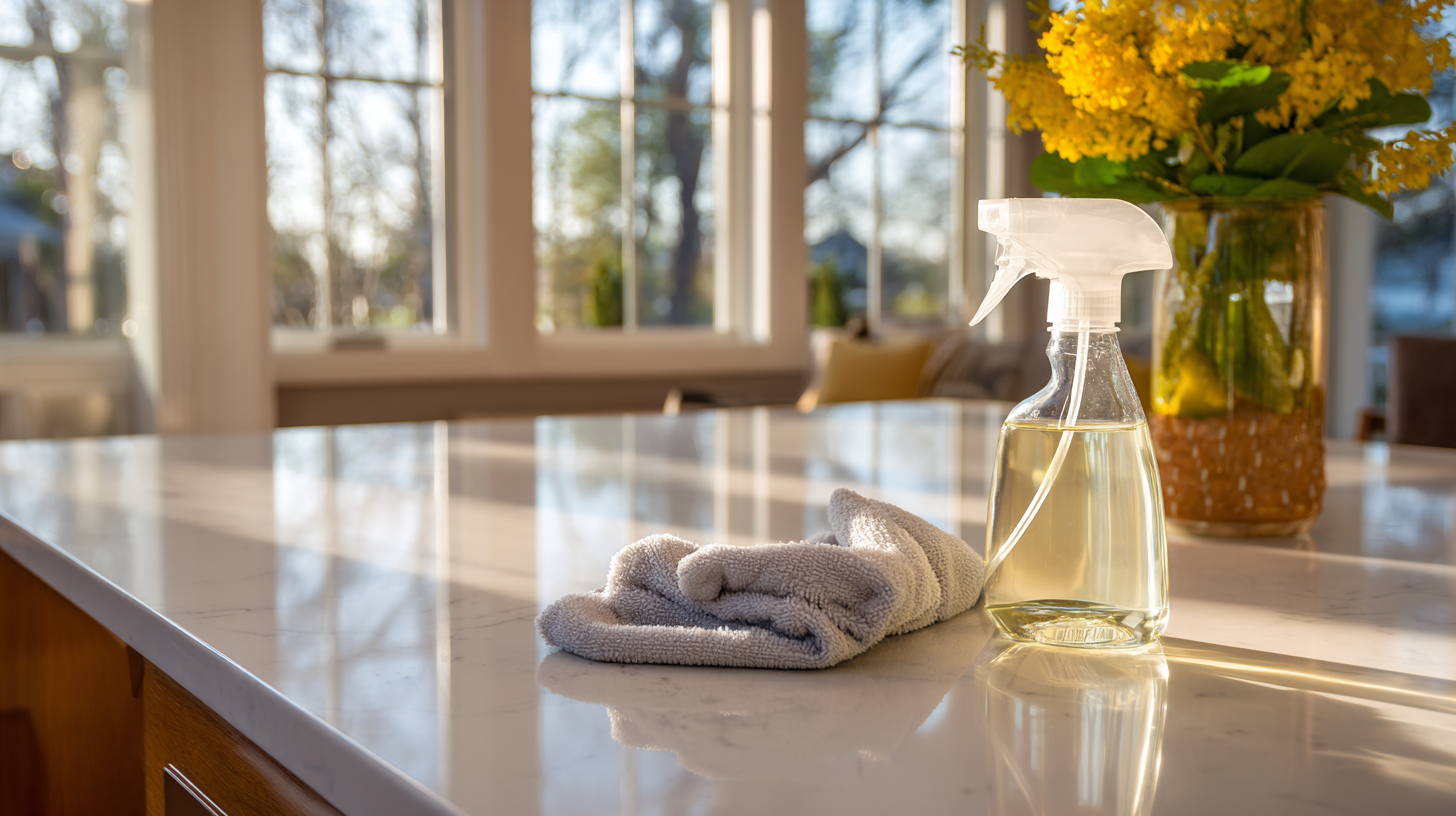 clean white quartz countertop with spray cleaner and microfiber cloth in kitchen