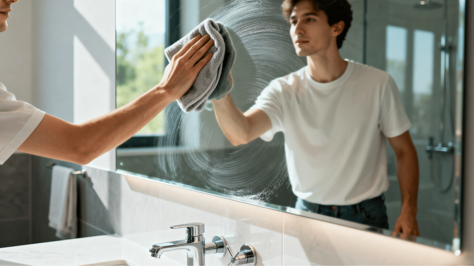 cleaning a bathroom mirror with a microfiber cloth to achieve a clear, streak-free reflective surface.