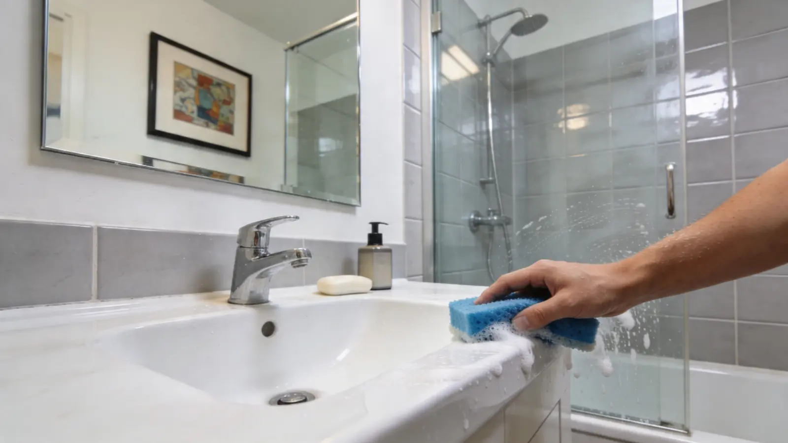 cleaning bathroom sink, tiles, and shower surfaces