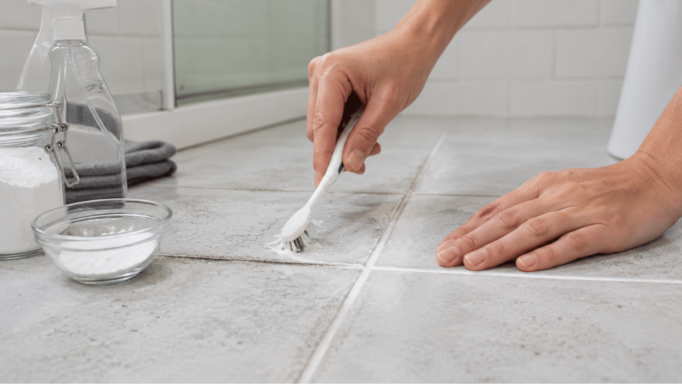 cleaning dirty tile grout with baking soda paste and a toothbrush in a modern bathroom floor close up