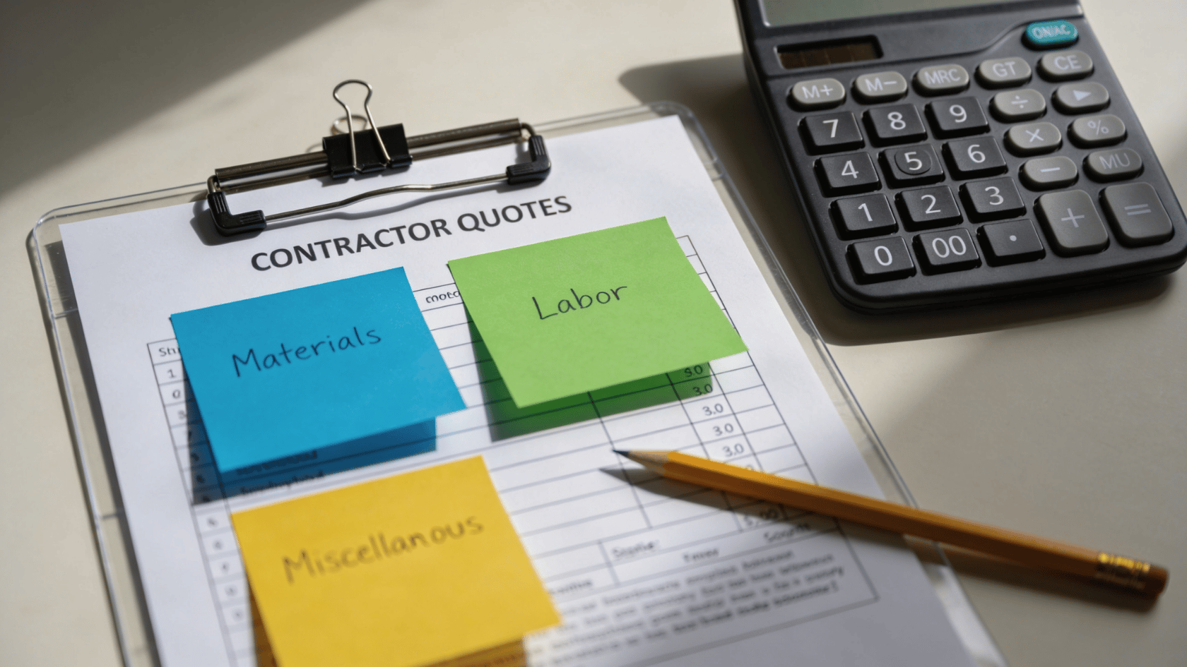 Clipboard with contractor quotes labeled Materials, Labor, and Miscellaneous, next to a calculator and pencil