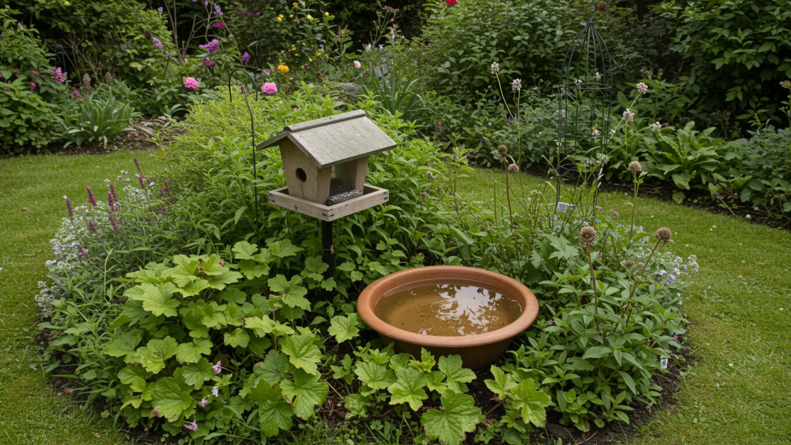 close-up of bird feeder and small water bowl placed among garden plants