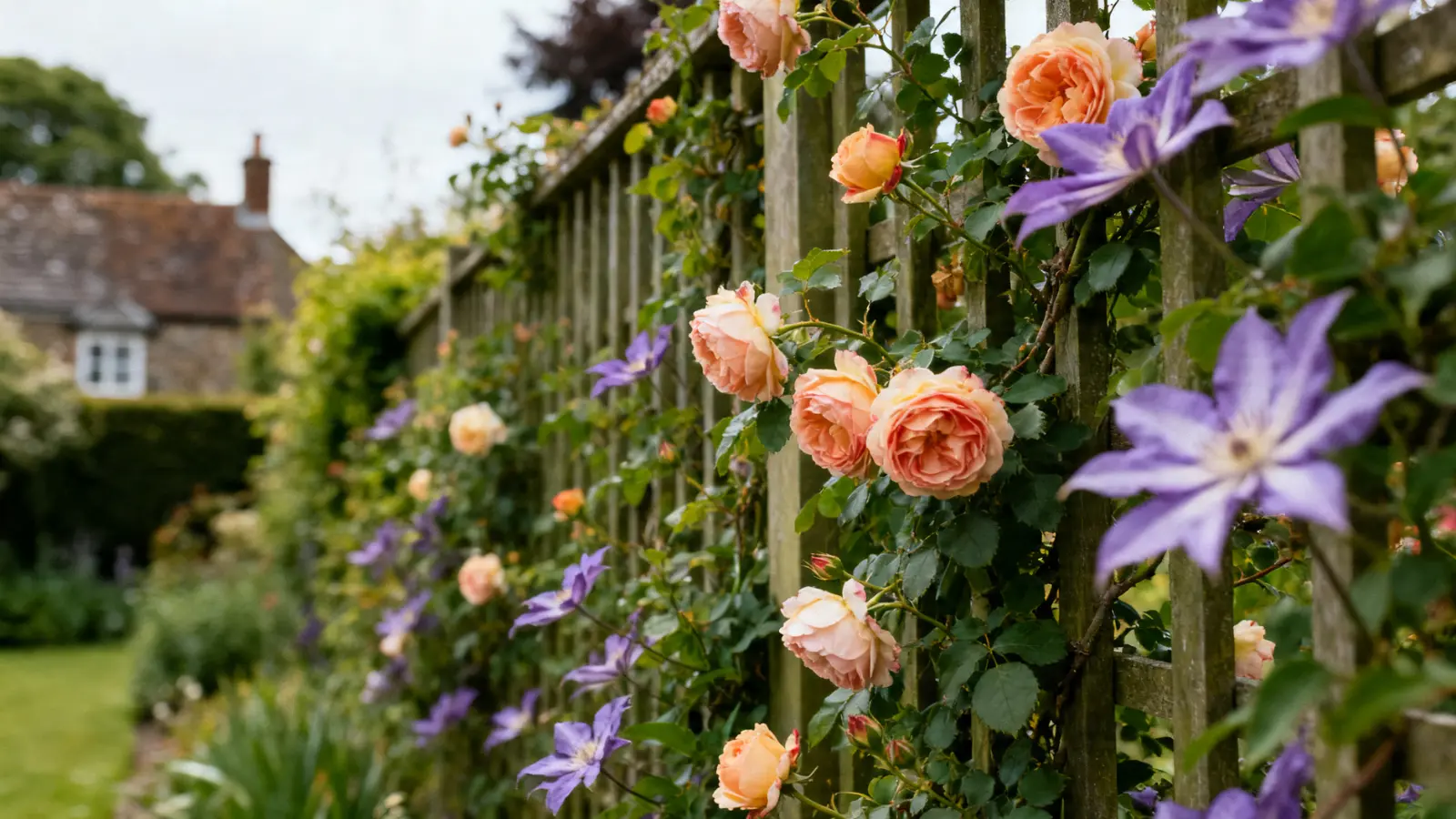 close-up of climbing plants growing upward on a garden fence