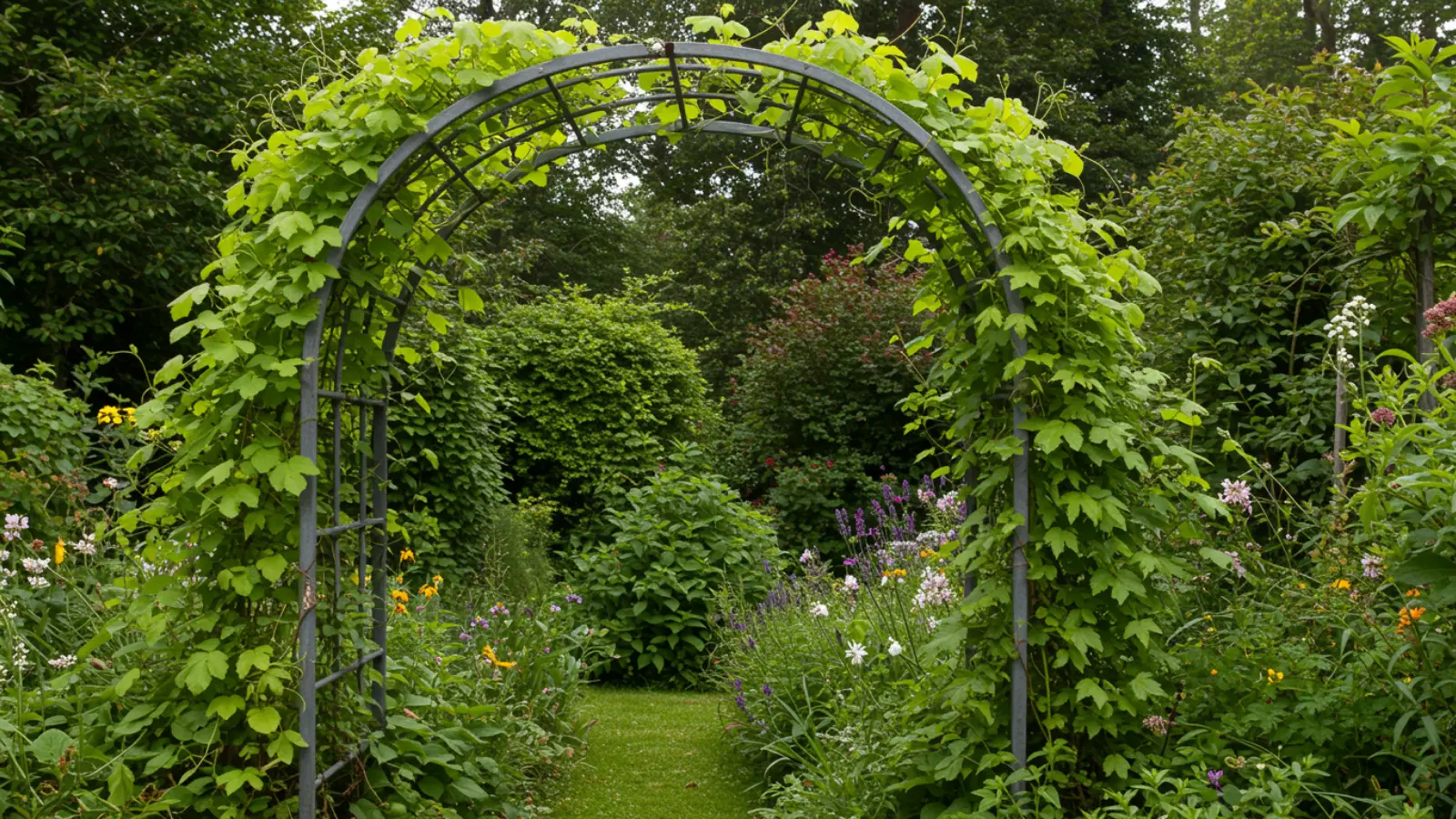 close-up of garden arch with climbing plants growing around it