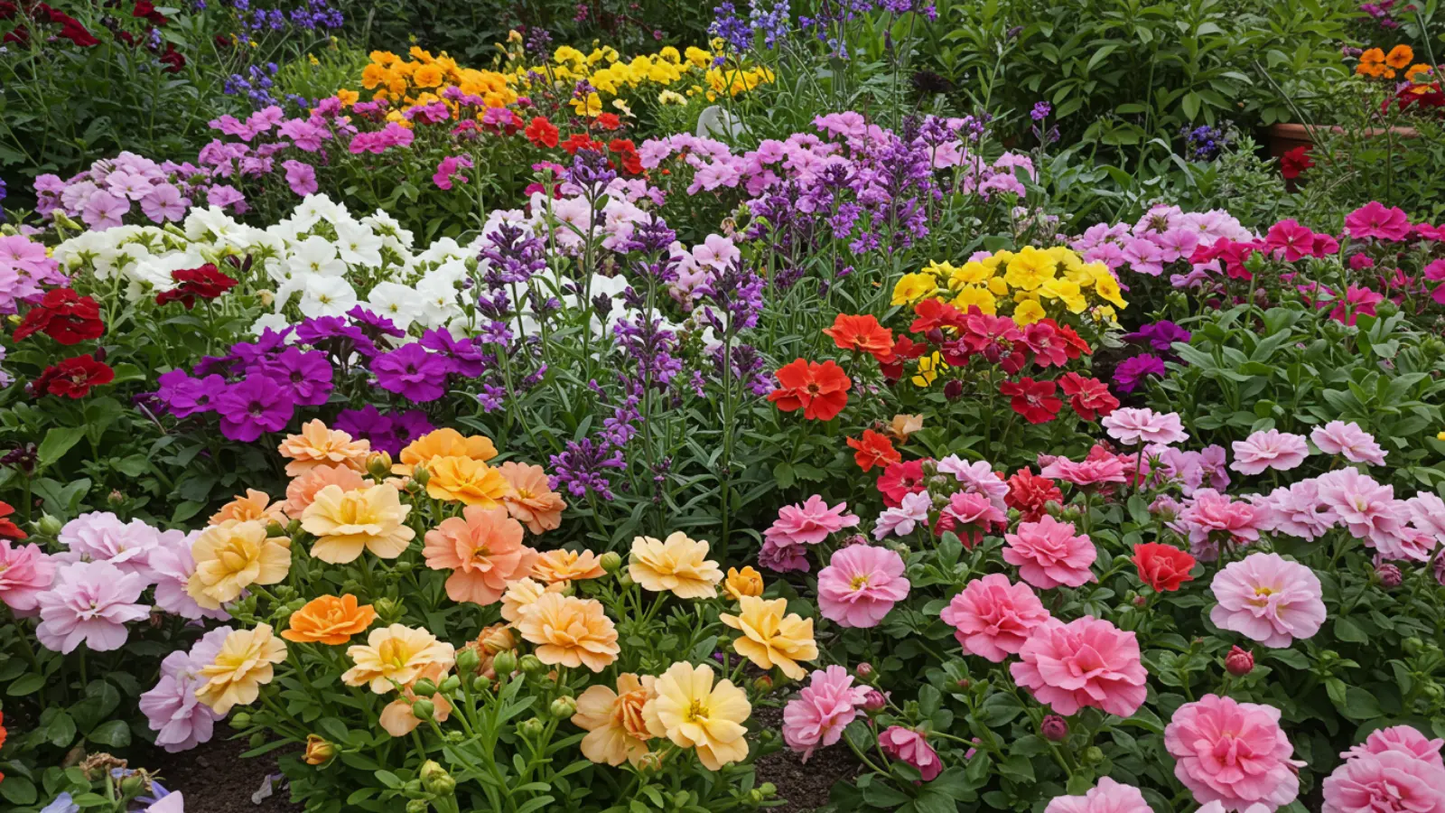 close-up of garden flowers in soft and bright colors balanced together