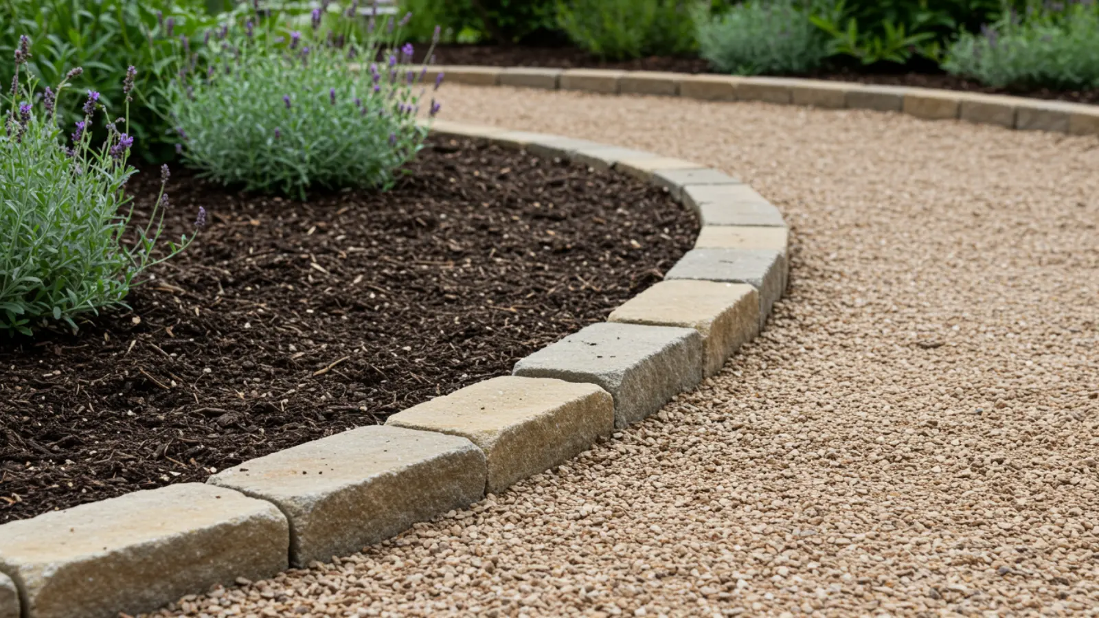 close-up of garden path edge separating walkway and planting soil