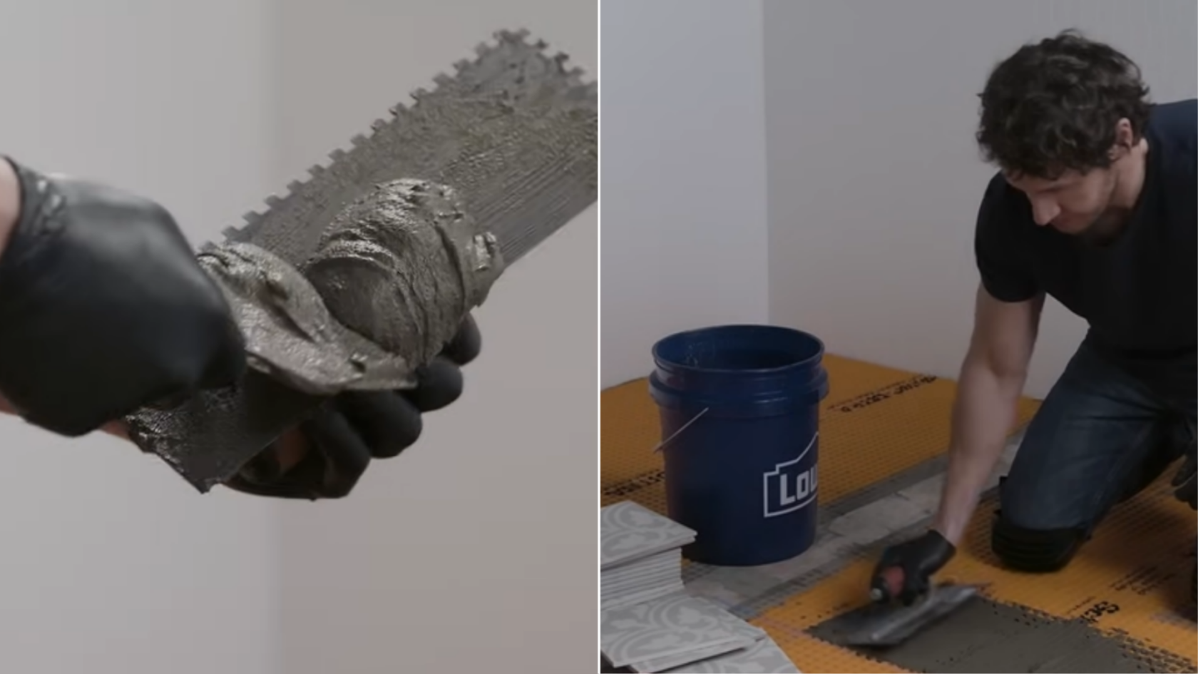 Close-up of gloved hand applying mortar to a notched trowel, with person spreading mortar on floor over uncoupling membrane next to tiles and a bucket