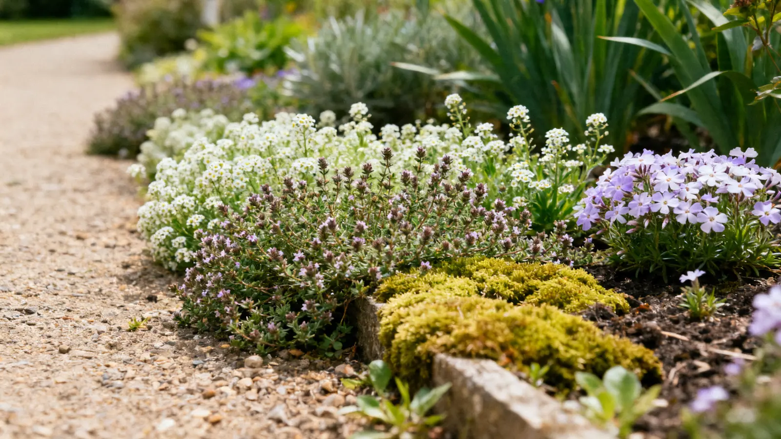 close-up of ground cover plants softening the edge of a garden border